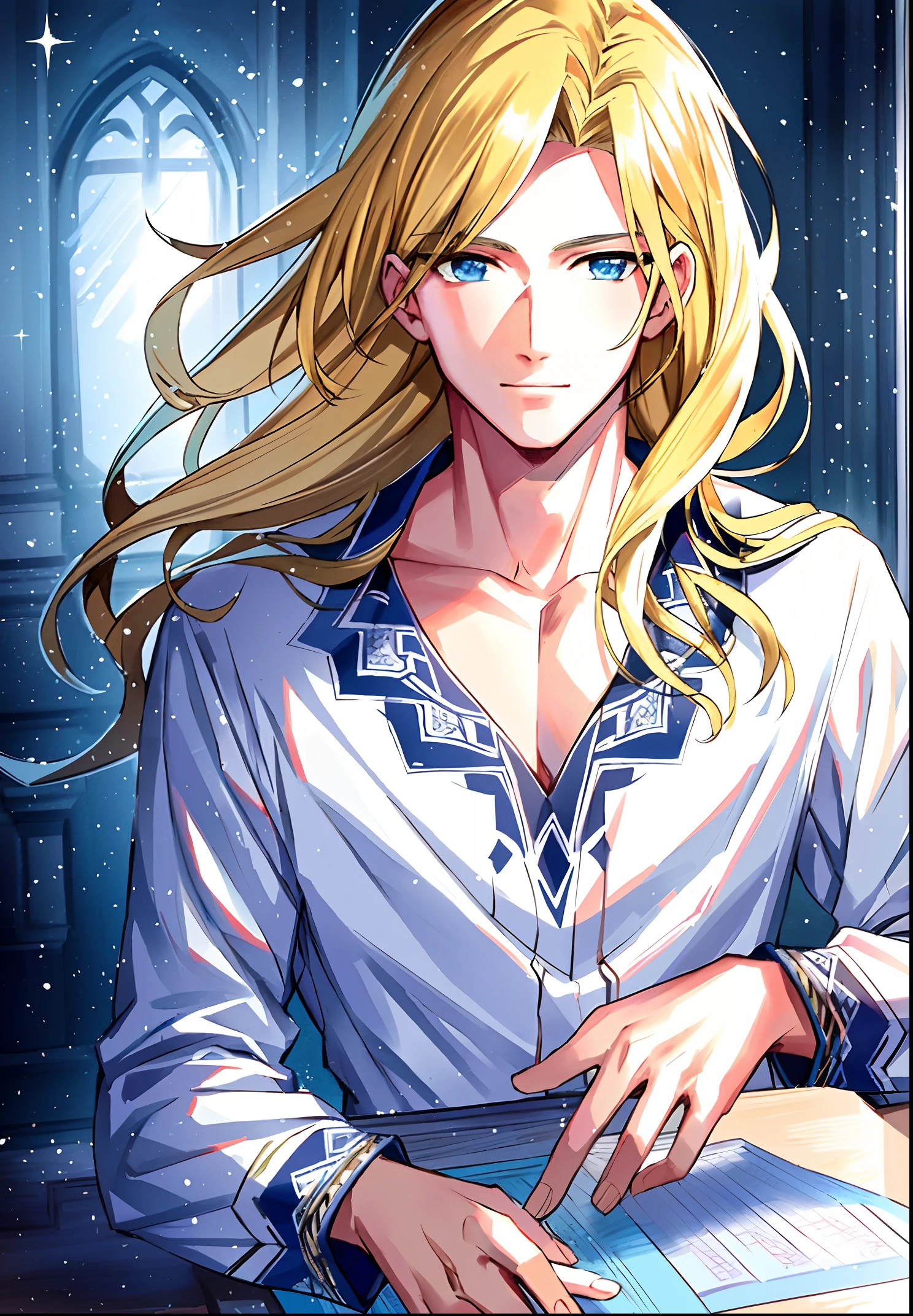 FH, Masterpiece, best quality, sharp, contrast, reality drawing, male, 18 years old, blonde hair, blue eyes, shirt, sparkling hair, upper body, detailed eye and face drawing, atmosphere, film lights, 8k