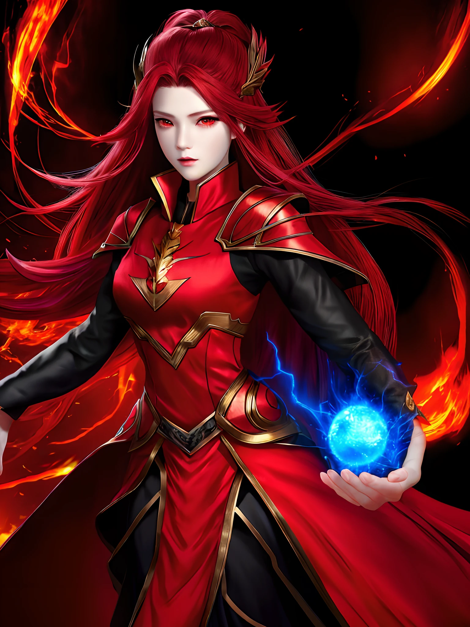 mage cg art, female, red eyes, red hair, red fiery clothes, harmonious features, good overall phenotype, serious expresion, fireballs