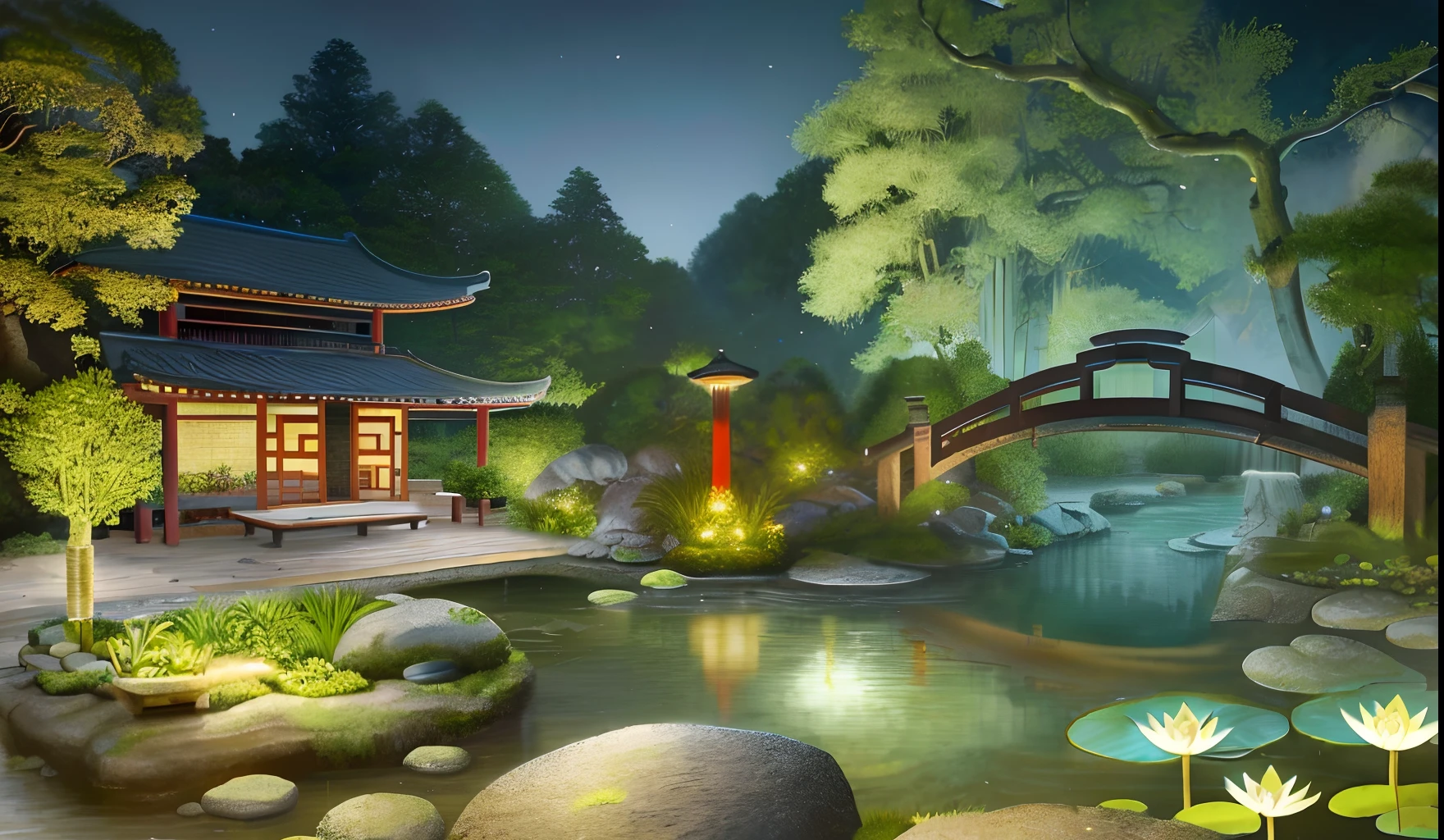Chinese ancient architecture, garden, bamboo, lake, stone bridge, rockery, arch bridge, corner, rockery, tree, water, landscape, outdoor, waterfall, grass, rock, water lily, creek, lotus, moon, night scene, (Illustration: 1.0 ), Masterpiece, Best Quality, Epic Composition, Realistic Lighting, HD Details