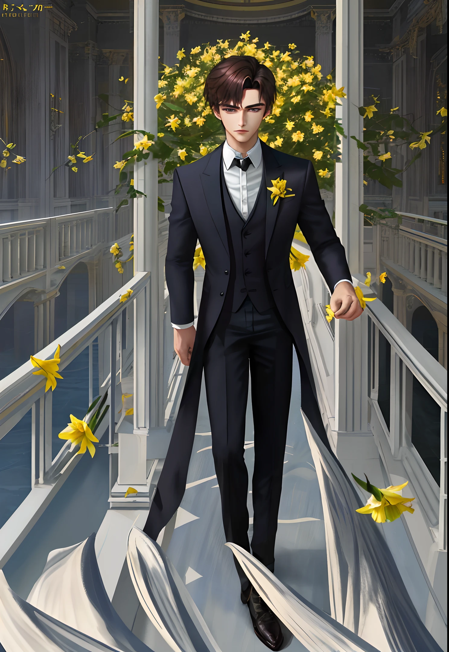 Two-dimensional, high quality, high quality, masterpiece, male, handsome guy, 18 years old, male, short brown hair, fluffy and handsome hair, purple eyes, delicate features, fair skin, suit, handsome guy, elegant, noble, stern expression, Daffodil background, solid color background