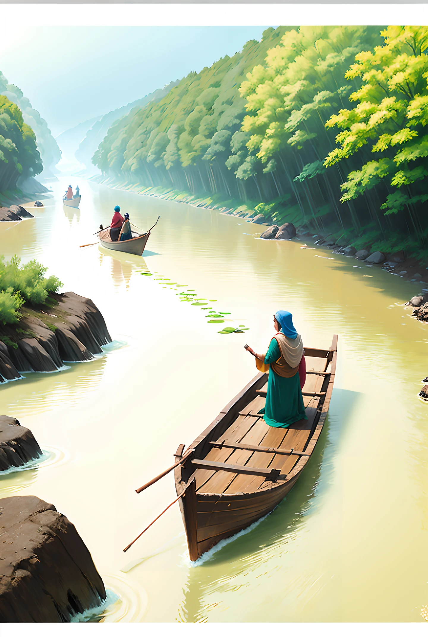 storm in village, forest, people are crossing river with boat, women wating for her husbend