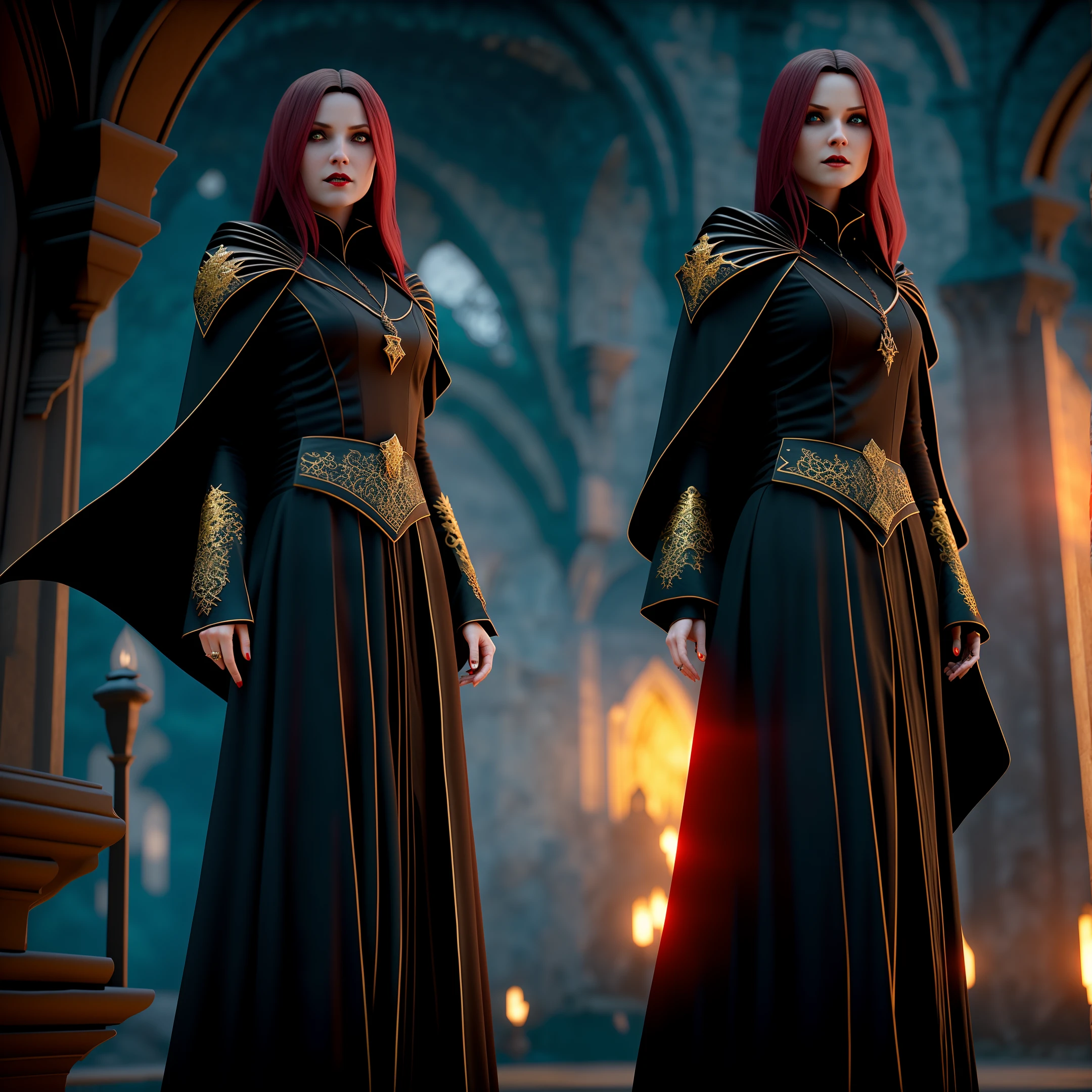 old castle, Beautiful Female Vampire, Glowing Pupils, long crimson hair, black leotardy dress, long black cape, golden bracelet, 8k, Unreal engine, highly detailed, realistic