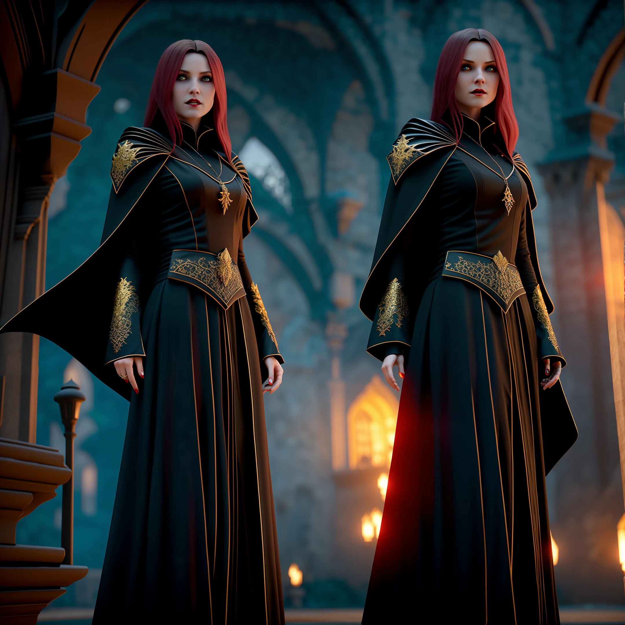 old castle, Beautiful Female Vampire, Glowing Pupils, long crimson hair, black leotardy dress, long black cape, golden bracelet, 8k, Unreal engine, highly detailed, realistic