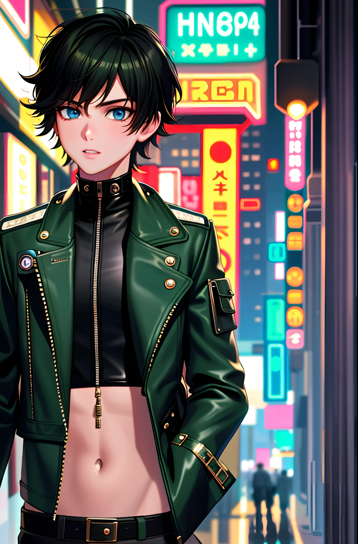 hugefilesizebestquality, highly detailed, masterpiece, ultra-detailed, extremely detailedCGunity8kwallpaper, Solo, upper body only,(one boy), fashi-boy, short hair, black hair, leather jacket, green coat, metal jewelry, blue eyes, night, neon lights, city, blurred background