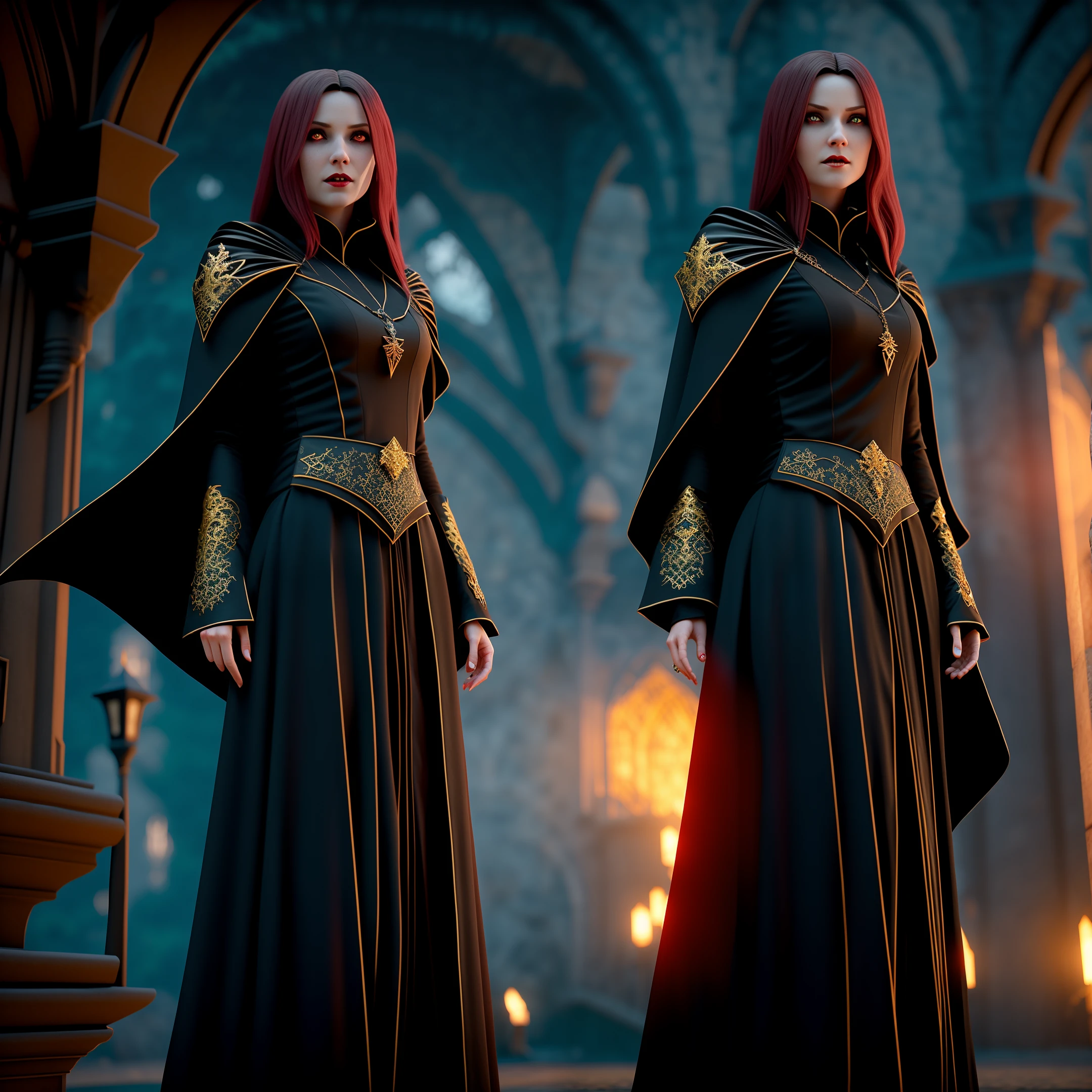 old castle, Beautiful Female Vampire, Glowing Pupils, long crimson hair, black leotardy dress, long black cape, golden bracelet, 8k, Unreal engine, highly detailed, realistic
