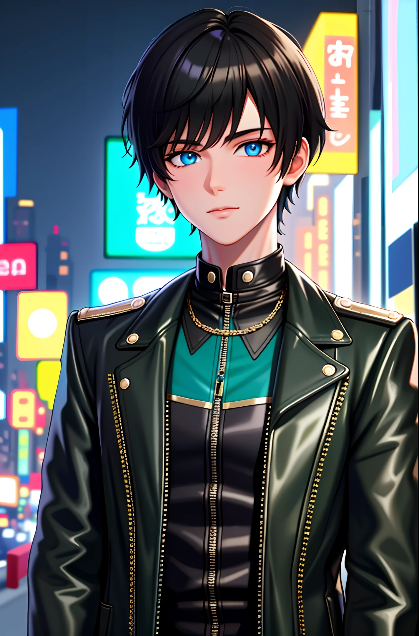 hugefilesizebestquality, highly detailed, masterpiece, ultra-detailed, extremely detailedCGunity8kwallpaper, Solo, upper body only,(one boy), fashi-boy, short hair, black hair, leather jacket, green coat, metal jewelry, blue eyes, night, neon lights, city, blurred background