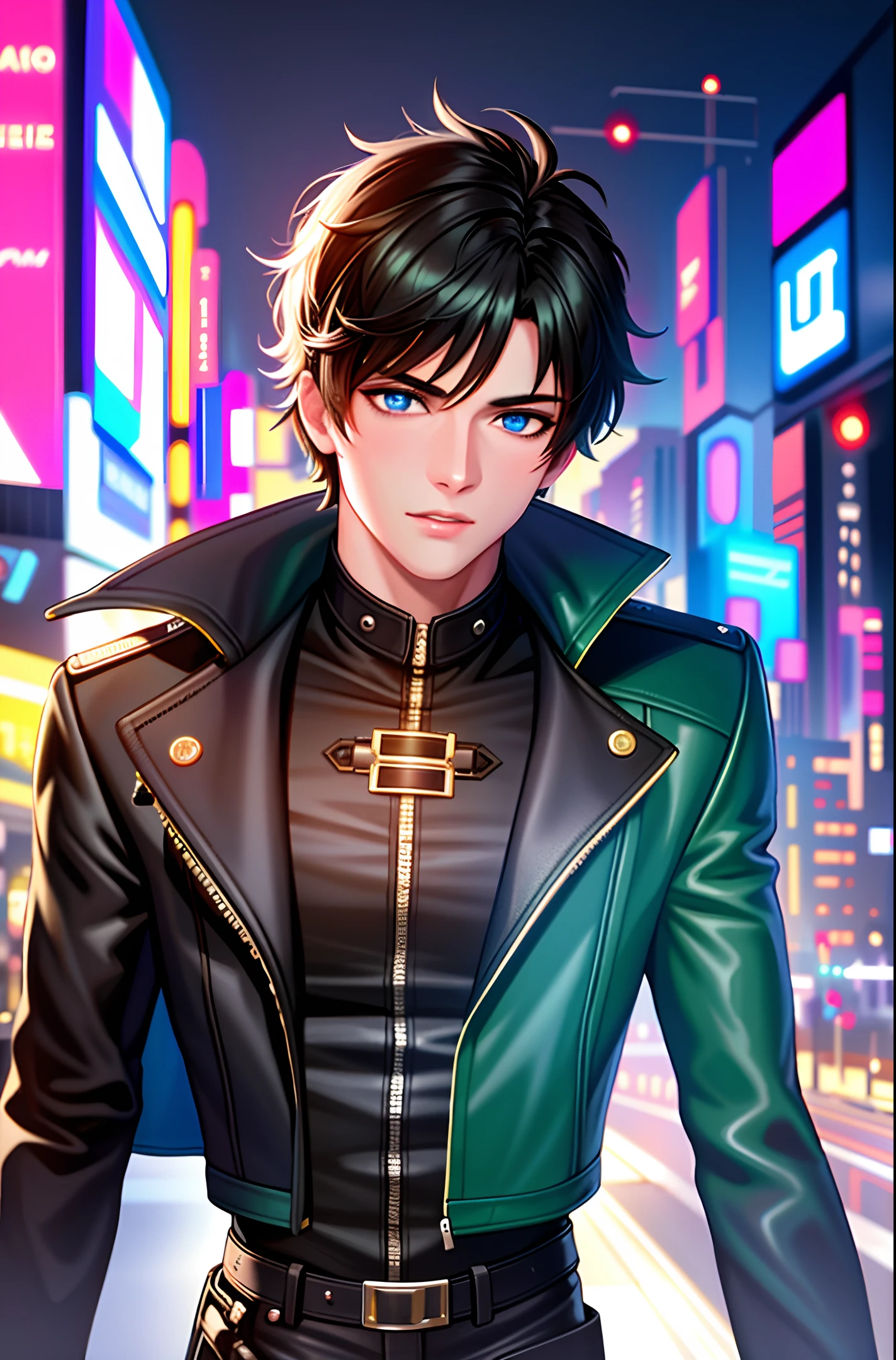 hugefilesizebestquality, highly detailed, masterpiece, ultra-detailed, extremely detailedCGunity8kwallpaper, Solo, upper body only,(one boy), fashi-boy, short hair, black hair, leather jacket, green coat, metal jewelry, blue eyes, night, neon lights, city, blurred background