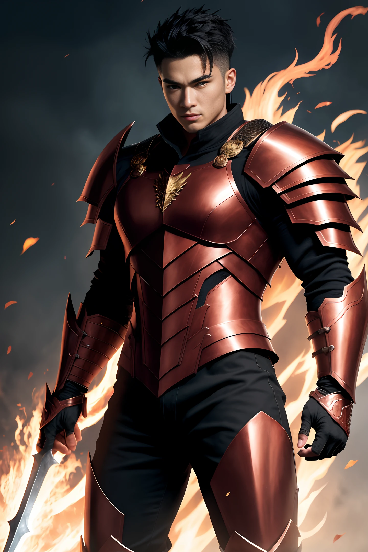 Handsome young man is his 20s, half human half dragon, with dragon armour,black hairs, a warrior like physique, a dragon slayer with dragon powers, with fiery background, full body image, animated with high quality, looks realistic.