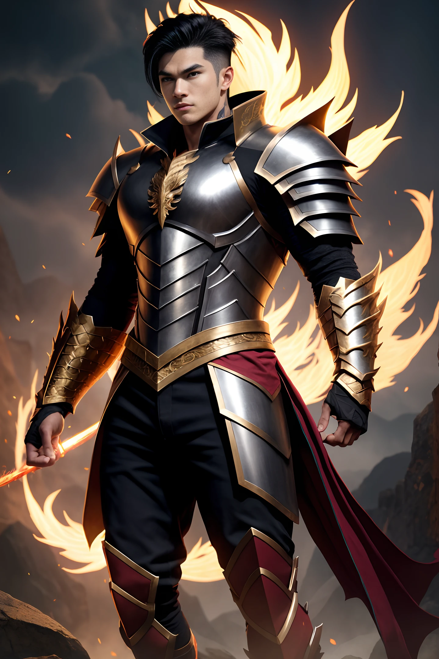 Handsome young man is his 20s, half human half dragon, with dragon armour,black hairs, a warrior like physique, a dragon slayer with dragon powers, with fiery background, full body image, animated with high quality, looks realistic.