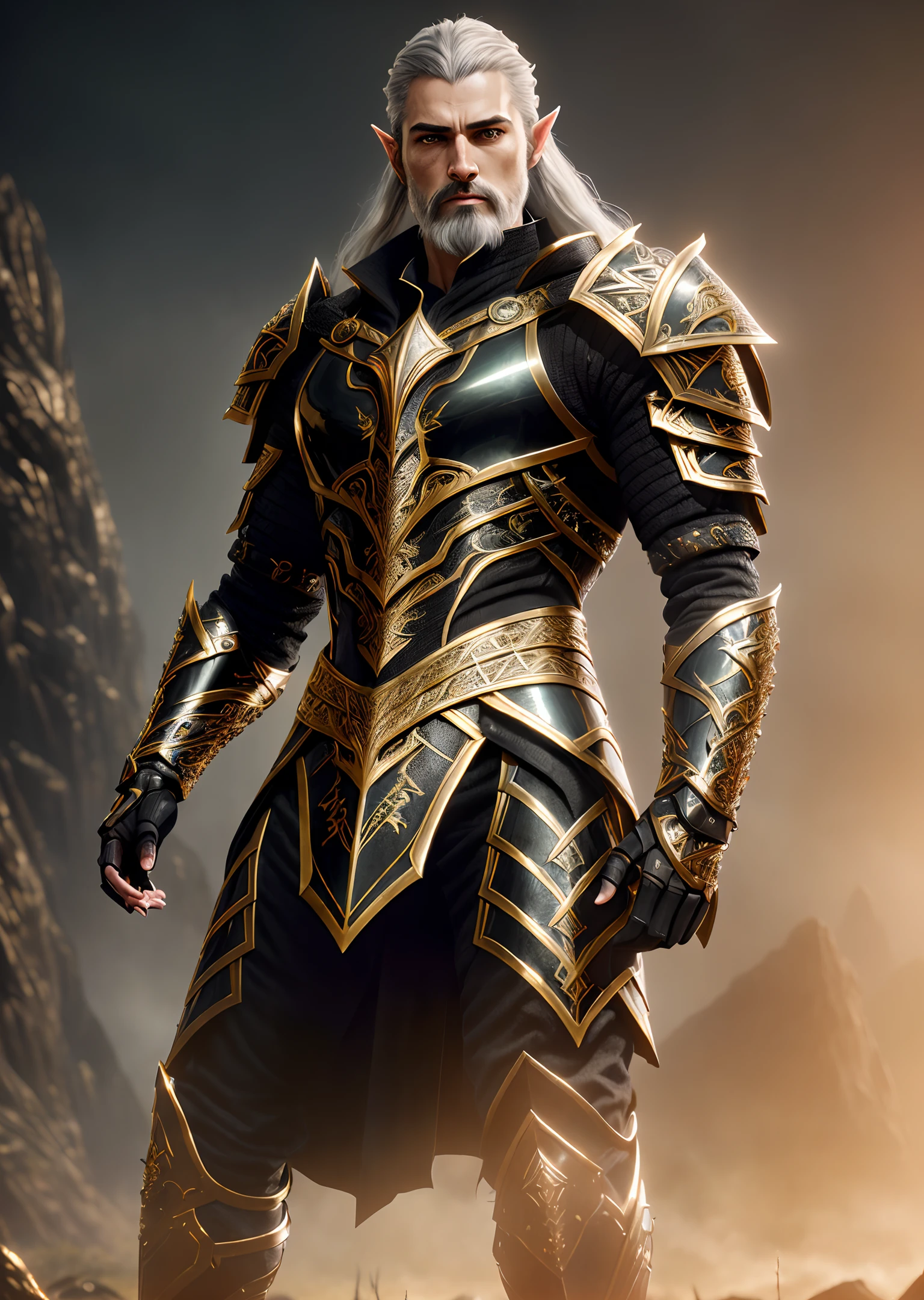 A (full body:1.3) shot at 8k resolution, best quality masterpiece, photorealistic, intense look, anatomical photorealistic digital painting portrait of a (male, muscular) human (warrior:1.3) in black gold dragon scale intricate (light black gold elvish armor:1.3) in a (mystical dark biomechanical environment:1.3), facial hair, long beard, light particle, very detailed skin, samurai, very detailed eyes, (elden ring style:1.3), long silver hair, (elvish kings armour style:1.1), concept artist, global illumination, depth of field, splash art