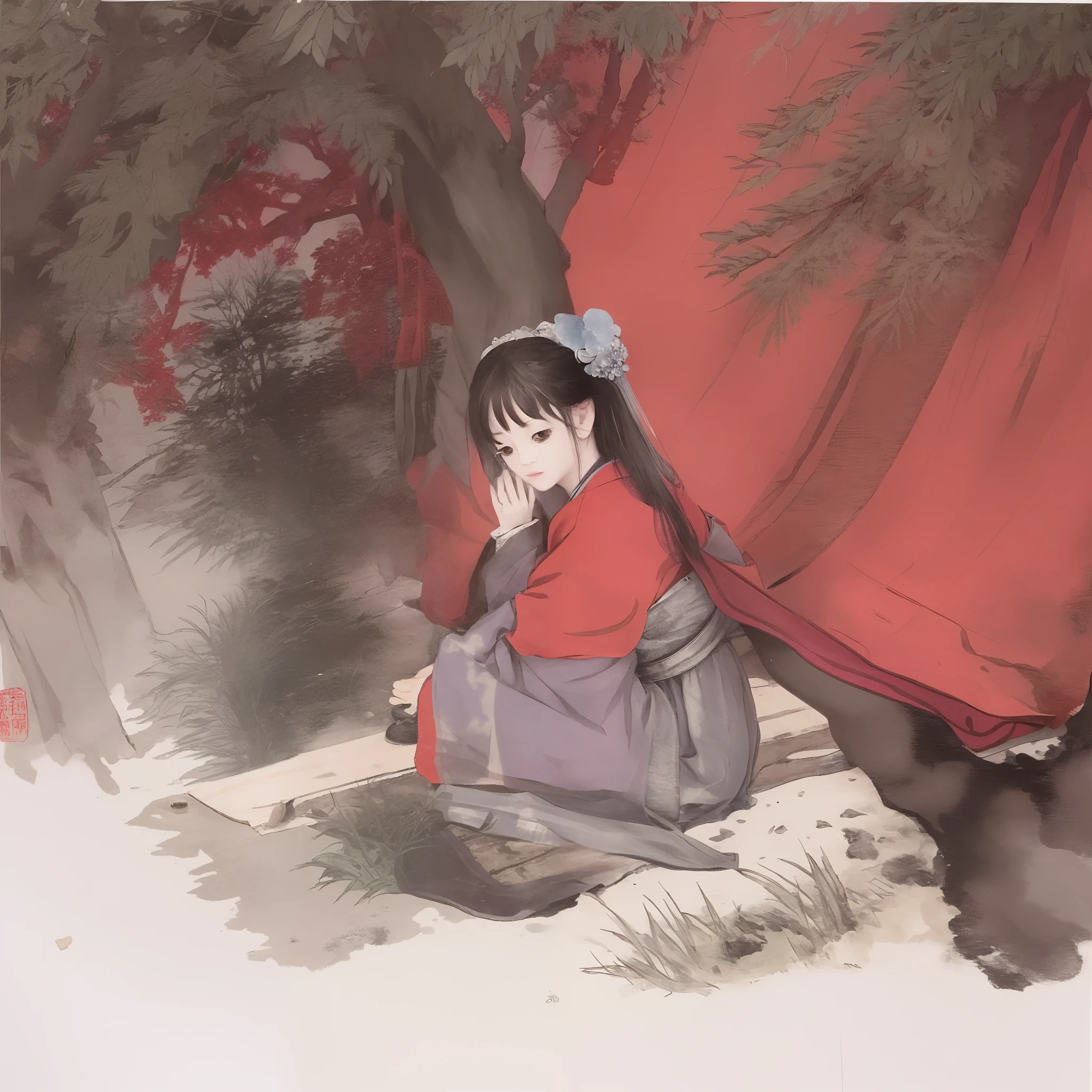 I live in a house on Yanwangmiao Street. There are jujube trees in the courtyard, which are a hundred years away. Every month on the night of the Ming Dynasty, I often see a woman in red sitting on the oblique branch, with her feet hanging down, looking up at the moon, regardless of others. If you force it, you will not see it, but if you look back, you will still be in the same place. Try to make two people stand under the tree and the other in the room. The people in the room can see the hands and feet of the people under the tree, but the people under the tree can't see anything. When looking at the moon, looking down on the ground, the tree has a shadow, but the woman has no shadow. Throwing tiles and stones, the void is unobstructed. Hit it with a blunderbuss, and it will disperse in response to the sound; once the smoke and flames pass, it will return to its original shape. The master said, if you buy your own house, it is a strange thing. However, if you don't harm others, your old friends will live in peace. Humu Meihuayao, things are constant, and most of them are changing. I don't move and don't speak, sitting on a dry branch, I don't know why. Xiaoyuan worried about its danger and moved to avoid it. The latter master felled the tree, which is extremely strange. traditional Chinese painting