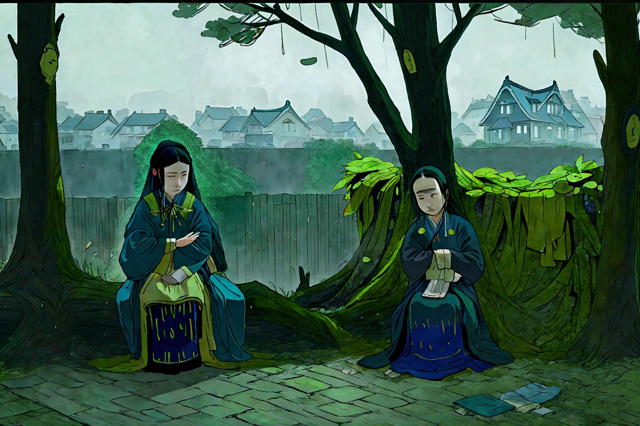 Once, she came back from visiting relatives with a child, and it was already evening. Suddenly encountering wind and rain, she hurriedly hid in the dilapidated house in the abandoned garden. The rain didn't stop until night, and I vaguely heard someone outside the wall say: "I'm going to your house to take shelter from the rain, why are you sitting under the tree in the rain?" Then I heard someone under the tree say: "Don't talk too much. , the wife of the Liao family is in the house." Then there was no more sound. traditional Chinese painting