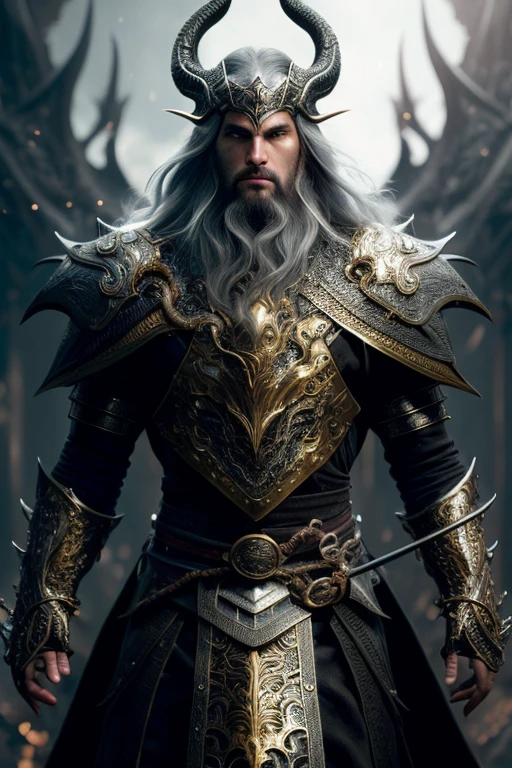 A (full body:1.3) shot at 8k resolution, best quality masterpiece, photorealistic, intense look, anatomical photorealistic digital painting portrait of a (male, muscular human warrior:1.3) in (black gold dragon scale intricate light armor:1.3) in a (mystical dark biomechanical environment:1.3), facial hair, long beard, light particle, very detailed skin, samurai holding golden katana, very detailed eyes, (elden ring style:1.3), long silver hair, (elvish kings armour style:1.1), concept artist, global illumination, depth of field, splash art