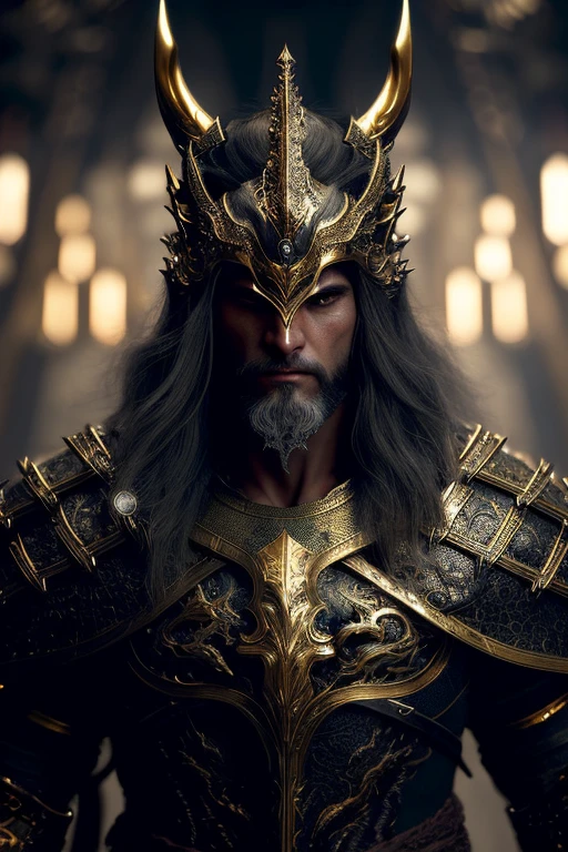 A (full body:1.3) shot at 8k resolution, best quality masterpiece, photorealistic, intense look, anatomical photorealistic digital painting portrait of a (male, muscular human warrior:1.3) in (black gold dragon scale intricate light armor:1.3) in a (mystical dark biomechanical environment:1.3), facial hair, long beard, light particle, very detailed skin, samurai holding golden katana, very detailed eyes, (elden ring style:1.3), long silver hair, (elvish kings armour style:1.1), concept artist, global illumination, depth of field, splash art