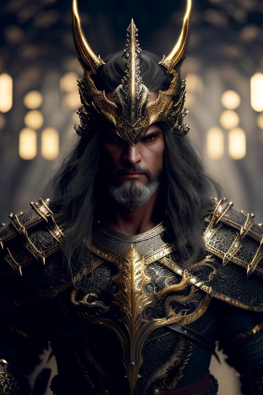 A (full body:1.3) shot at 8k resolution, best quality masterpiece, photorealistic, intense look, anatomical photorealistic digital painting portrait of a (male, muscular human warrior:1.3) in (black gold dragon scale intricate light armor:1.3) in a (mystical dark biomechanical environment:1.3), facial hair, long beard, light particle, very detailed skin, samurai holding golden katana, very detailed eyes, (elden ring style:1.3), long silver hair, (elvish kings armour style:1.1), concept artist, global illumination, depth of field, splash art