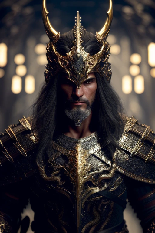 A (full body:1.3) shot at 8k resolution, best quality masterpiece, photorealistic, intense look, anatomical photorealistic digital painting portrait of a (male, muscular human warrior:1.3) in (black gold dragon scale intricate light armor:1.3) in a (mystical dark biomechanical environment:1.3), facial hair, long beard, light particle, very detailed skin, samurai holding golden katana, very detailed eyes, (elden ring style:1.3), long silver hair, (elvish kings armour style:1.1), concept artist, global illumination, depth of field, splash art
