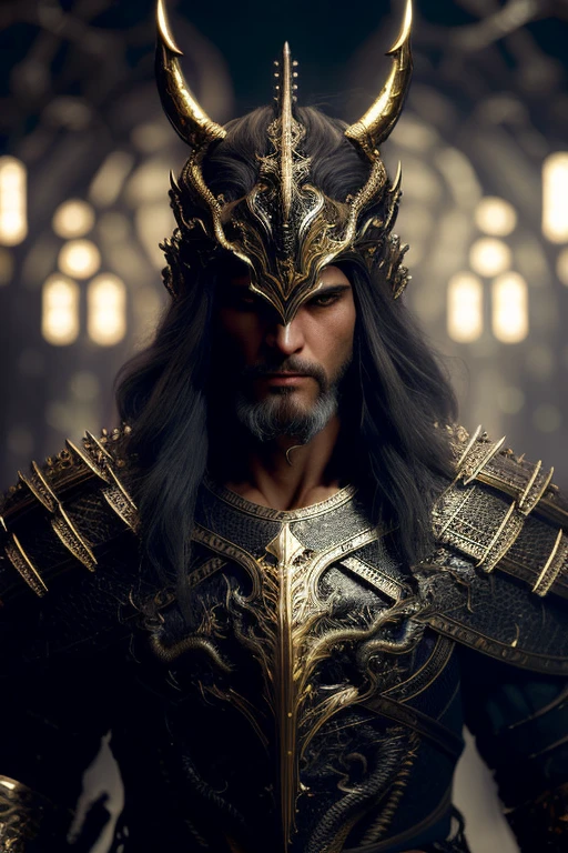 A (full body:1.3) shot at 8k resolution, best quality masterpiece, photorealistic, intense look, anatomical photorealistic digital painting portrait of a (male, muscular human warrior:1.3) in (black gold dragon scale intricate light armor:1.3) in a (mystical dark biomechanical environment:1.3), facial hair, long beard, light particle, very detailed skin, samurai holding golden katana, very detailed eyes, (elden ring style:1.3), long silver hair, (elvish kings armour style:1.1), concept artist, global illumination, depth of field, splash art