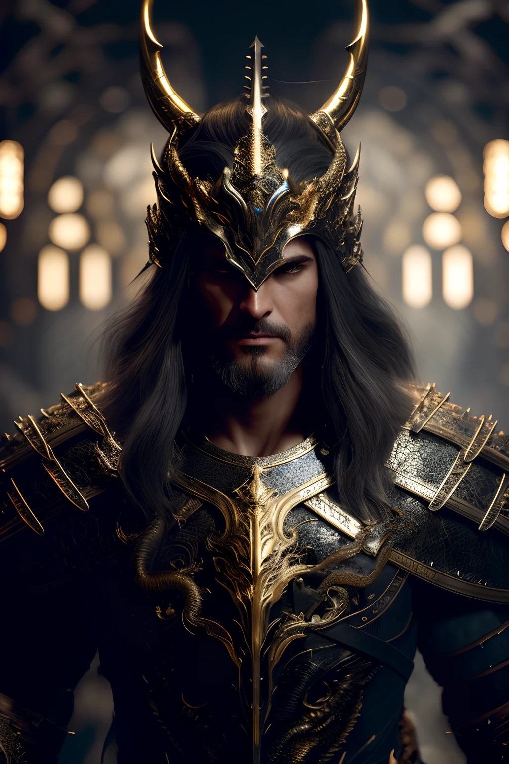 A (full body:1.3) shot at 8k resolution, best quality masterpiece, photorealistic, intense look, anatomical photorealistic digital painting portrait of a (male, muscular human warrior:1.3) in (black gold dragon scale intricate light armor:1.3) in a (mystical dark biomechanical environment:1.3), facial hair, long beard, light particle, very detailed skin, samurai holding golden katana, very detailed eyes, (elden ring style:1.3), long silver hair, (elvish kings armour style:1.1), concept artist, global illumination, depth of field, splash art