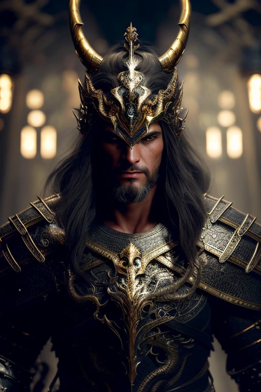 A (full body:1.3) shot at 8k resolution, best quality masterpiece, photorealistic, intense look, anatomical photorealistic digital painting portrait of a (male, muscular human warrior:1.3) in (black gold dragon scale intricate light armor:1.3) in a (mystical dark biomechanical environment:1.3), facial hair, long beard, light particle, very detailed skin, samurai holding golden katana, very detailed eyes, (elden ring style:1.3), long silver hair, (elvish kings armour style:1.1), concept artist, global illumination, depth of field, splash art