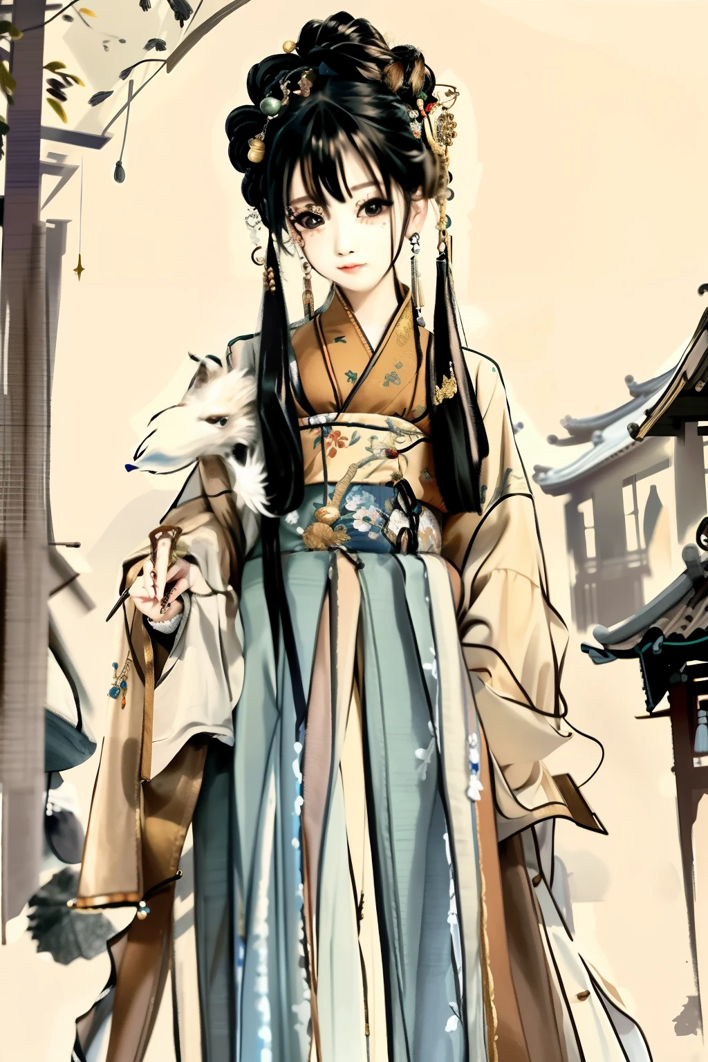 Upper body, oil painting, masterpiece, best quality, high resolution, brown long bun, jewelry hairpin, chest, classic night market, Ming Dynasty, Ming Dynasty costumes,