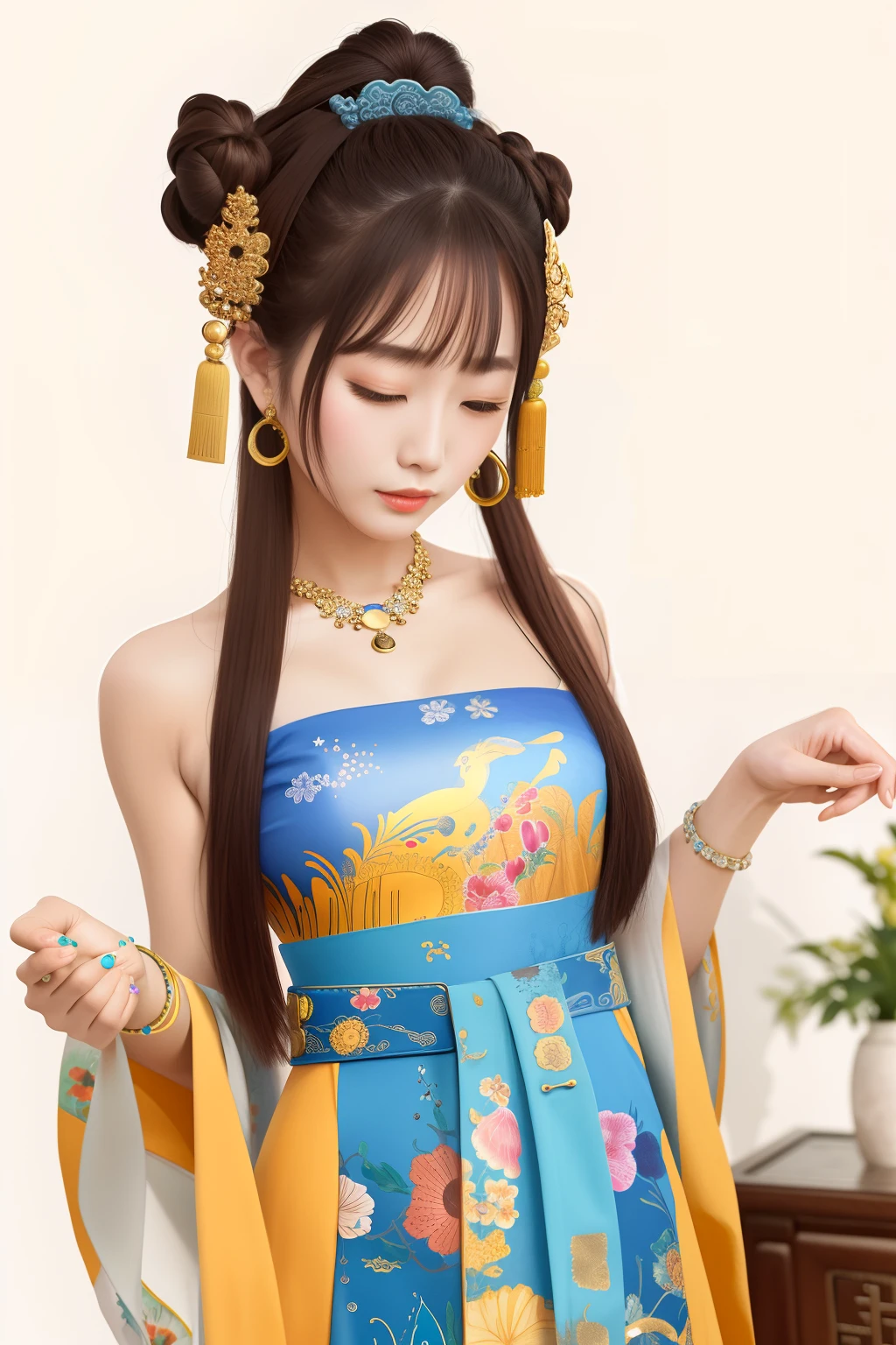 Upper body oil painting masterpiece high-resolution brown long bun jewelry hairpin chest classical night market Ming Dynasty Ming Dynasty clothing