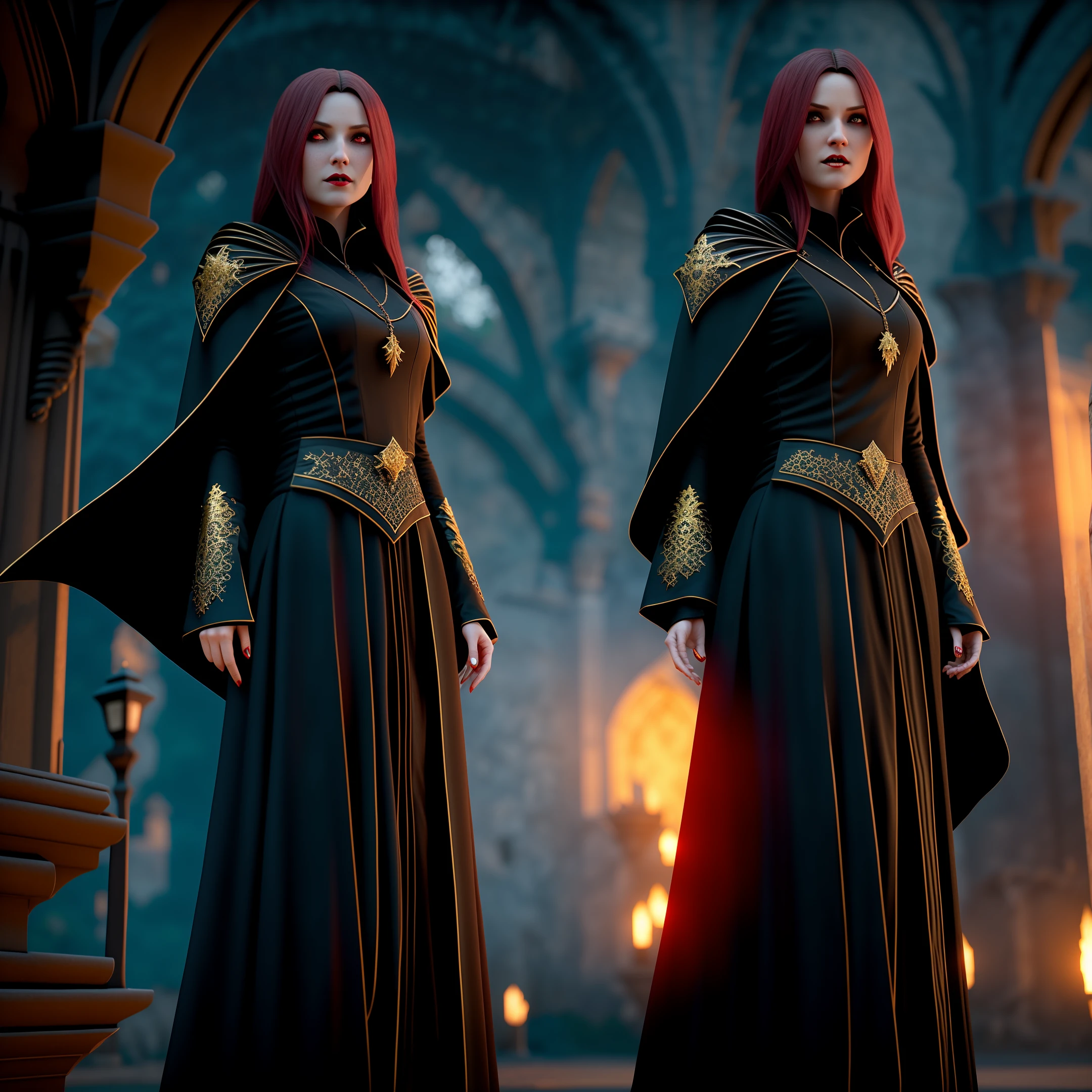 old castle, Beautiful Female Vampire, Glowing Pupils, long crimson hair, black leotardy dress, long black cape, golden bracelet, 8k, Unreal engine, highly detailed, realistic