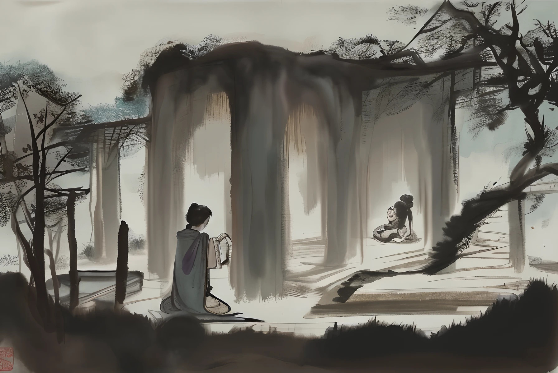 There are beggars in Gaochuan who live in a ruined temple with their mother and wife. Xia Yue, a beggar, picked up wheat and asked his wife to grind flour for his mother. The wife hid her good noodles and soaked the rough noodles in dirty water to make cakes and feed her mother. It was a heavy thunderstorm at night, and in the darkness, my wife suddenly let out a cry. When the beggar raised his eyes, a giant snake entered his mouth, biting his heart and killing him. The beggar dragged it and buried it. Mrs. Shen saw with her own eyes that the tail of the snake was hanging down between her chest, and it was more than two feet long. traditional Chinese painting