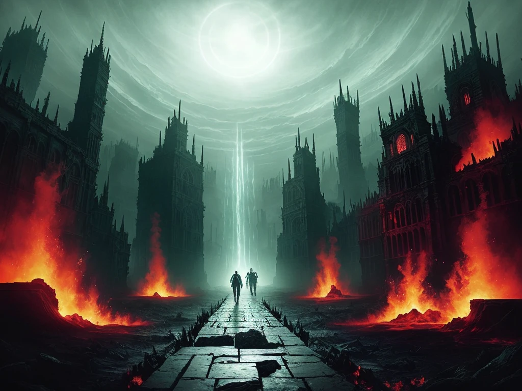 masterpiece, 4k, sharp focus, highest quality,wide shot,Imagine a world where darkness and cold have taken over, and you find yourself in the depths of the nine layers of hell. The once vibrant landscapes have now become desolate wastelands filled with endless suffering. The skies are obscured by a thick haze, and the only sounds you hear are the cries of the damned. As you make your way through the levels, you encounter demons and tormentors, each determined to keep you from escaping their grasp. Can you survive the horrors of each layer and find a way out of this dark and cold hellscape