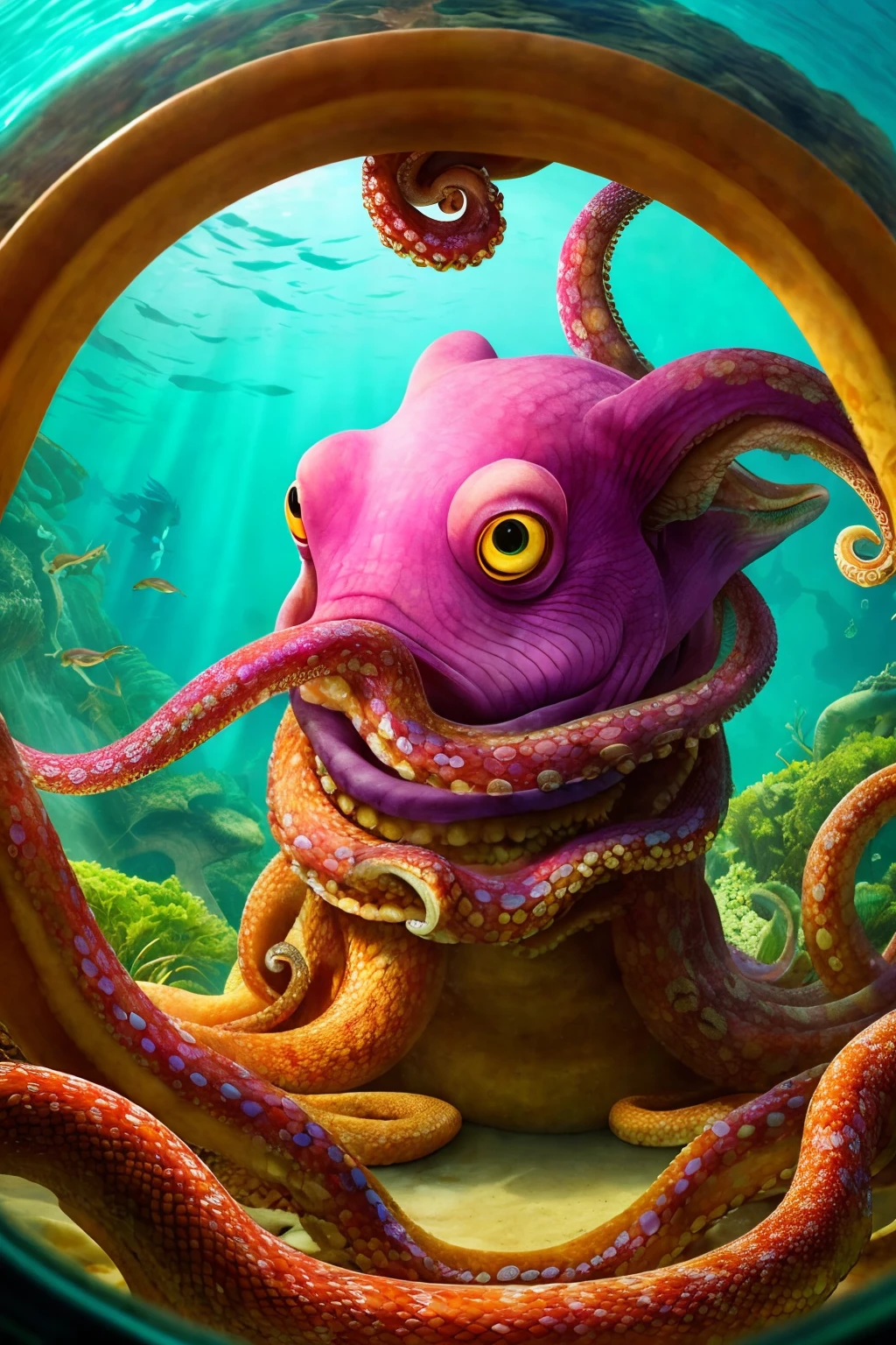 masterpiece, 4k, sharp focus, highest quality,wide shot,Imagine you're in a world where all the animals have the head of an octopus and the body of a snake, and they've trapped you in a glass tube.