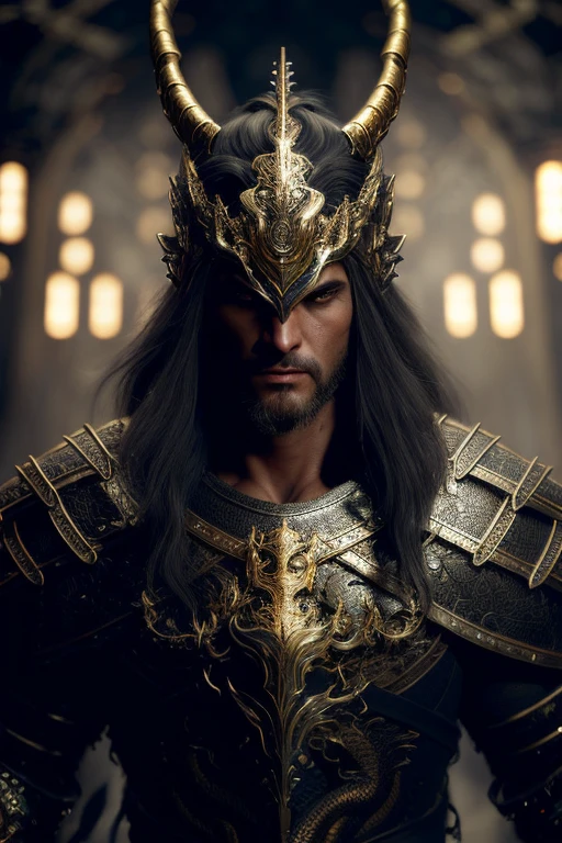 A (full body:1.3) shot at 8k resolution, best quality masterpiece, photorealistic, intense look, anatomical photorealistic digital painting portrait of a (male, muscular human warrior:1.3) in (black gold dragon scale intricate light armor:1.3) in a (mystical dark biomechanical environment:1.3), facial hair, long beard, light particle, very detailed skin, samurai holding golden katana, very detailed eyes, (elden ring style:1.3), long silver hair, (elvish kings armour style:1.1), concept artist, global illumination, depth of field, splash art