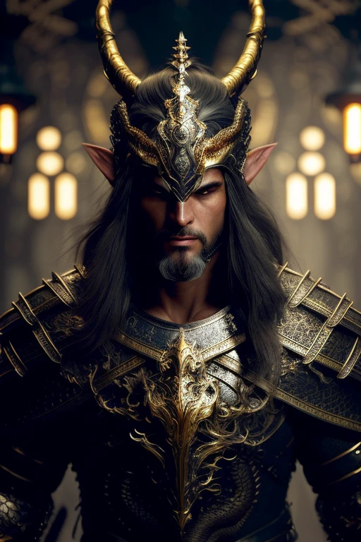 A (full body:1.3) shot at 8k resolution, best quality masterpiece, photorealistic, intense look, anatomical photorealistic digital painting portrait of a (male, muscular human warrior:1.3) in (black gold dragon scale intricate light armor:1.3) in a (mystical dark biomechanical environment:1.3), facial hair, long beard, light particle, very detailed skin, samurai holding golden katana, very detailed eyes, (elden ring style:1.3), long silver hair, (elvish kings armour style:1.1), concept artist, global illumination, depth of field, splash art