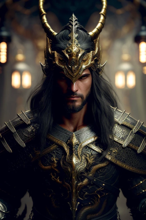 A (full body:1.3) shot at 8k resolution, best quality masterpiece, photorealistic, intense look, anatomical photorealistic digital painting portrait of a (male, muscular human warrior:1.3) in (black gold dragon scale intricate light armor:1.3) in a (mystical dark biomechanical environment:1.3), facial hair, long beard, light particle, very detailed skin, samurai holding golden katana, very detailed eyes, (elden ring style:1.3), long silver hair, (elvish kings armour style:1.1), concept artist, global illumination, depth of field, splash art