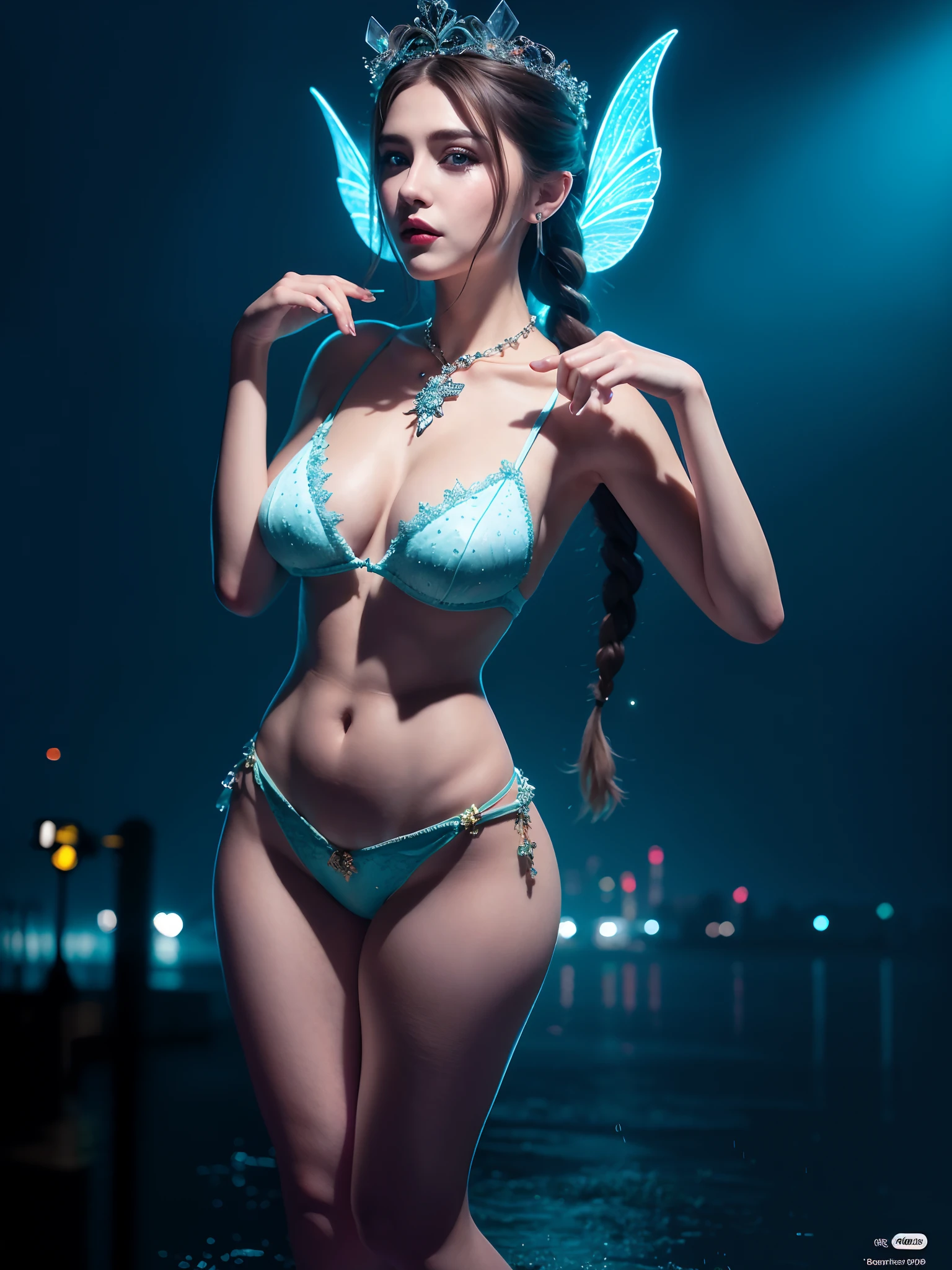 Full body photo, highest resolution, based on real physical rendering, professional lighting effects, casual pose, (Extreme Art), (Masterpiece), 1girl, girl in white dress, high detail, leaky waist, braids, charming expression, clear and beautiful eyes, blue Eyes, exquisite necklace, exquisite earrings, fairy ears, simple blurred background, extremely detailed description, beautiful and charming, ultra-fine painting, exquisite face, exquisite figure, exquisite collarbone, cute lips, beautiful breasts, soft back, mix4, ( 8k, RAW photo , best quality, masterpiece: 1.2), (fidelity, fidelity: 1.37), 1girl, cute, cityscape, night, rain, wet, professional lighting, photon mapping, radiosity, based on physical rendering,