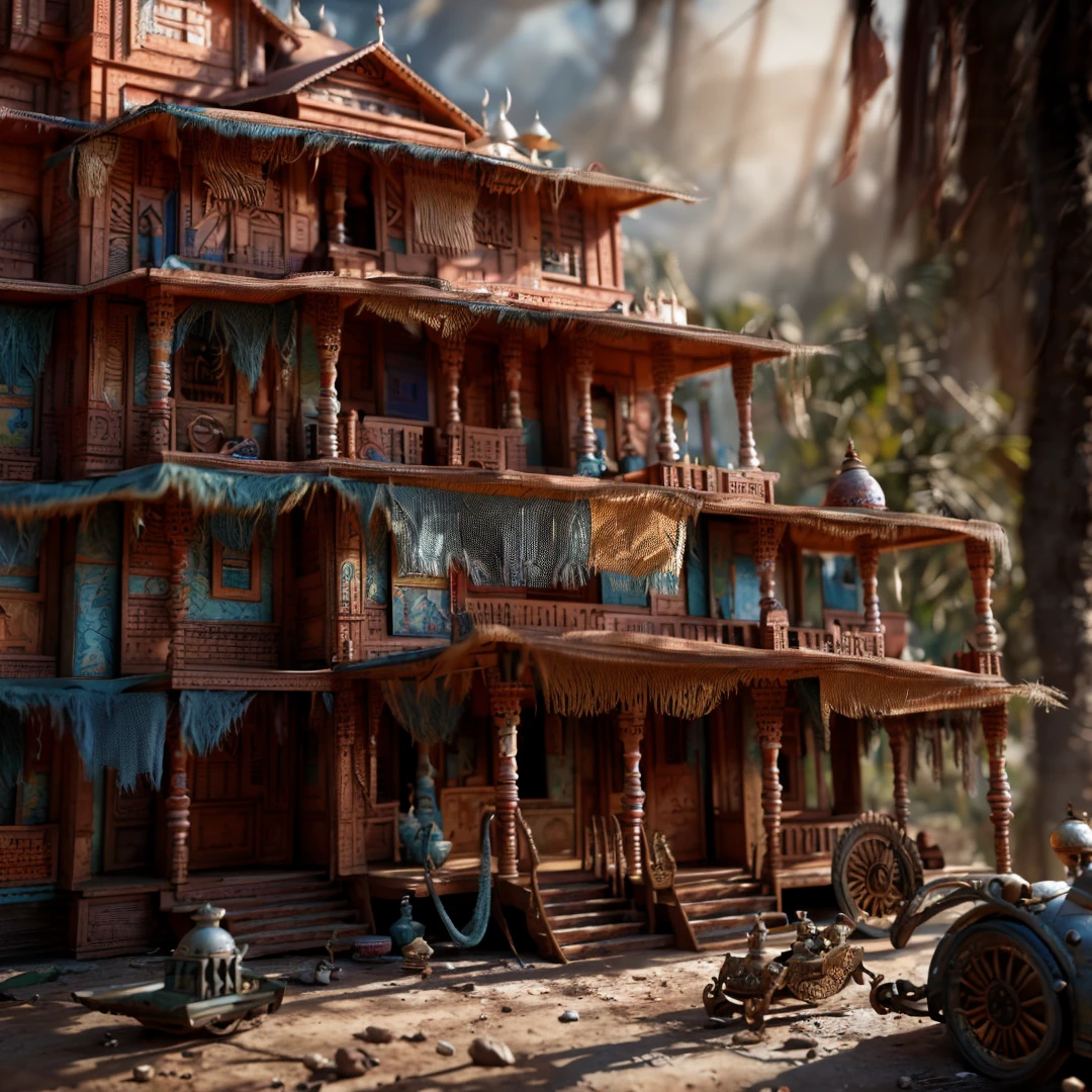 ! 3d render, depth of field, epic realistic textures, highly detailed indian style dollhouse , expressive, abstract, ultra detailed, dynamic lighting, concept art, leading lines, rule of thirds, hdr, 8k, unreal engine 5, octane render, trending on artstation, inspired by walt disney