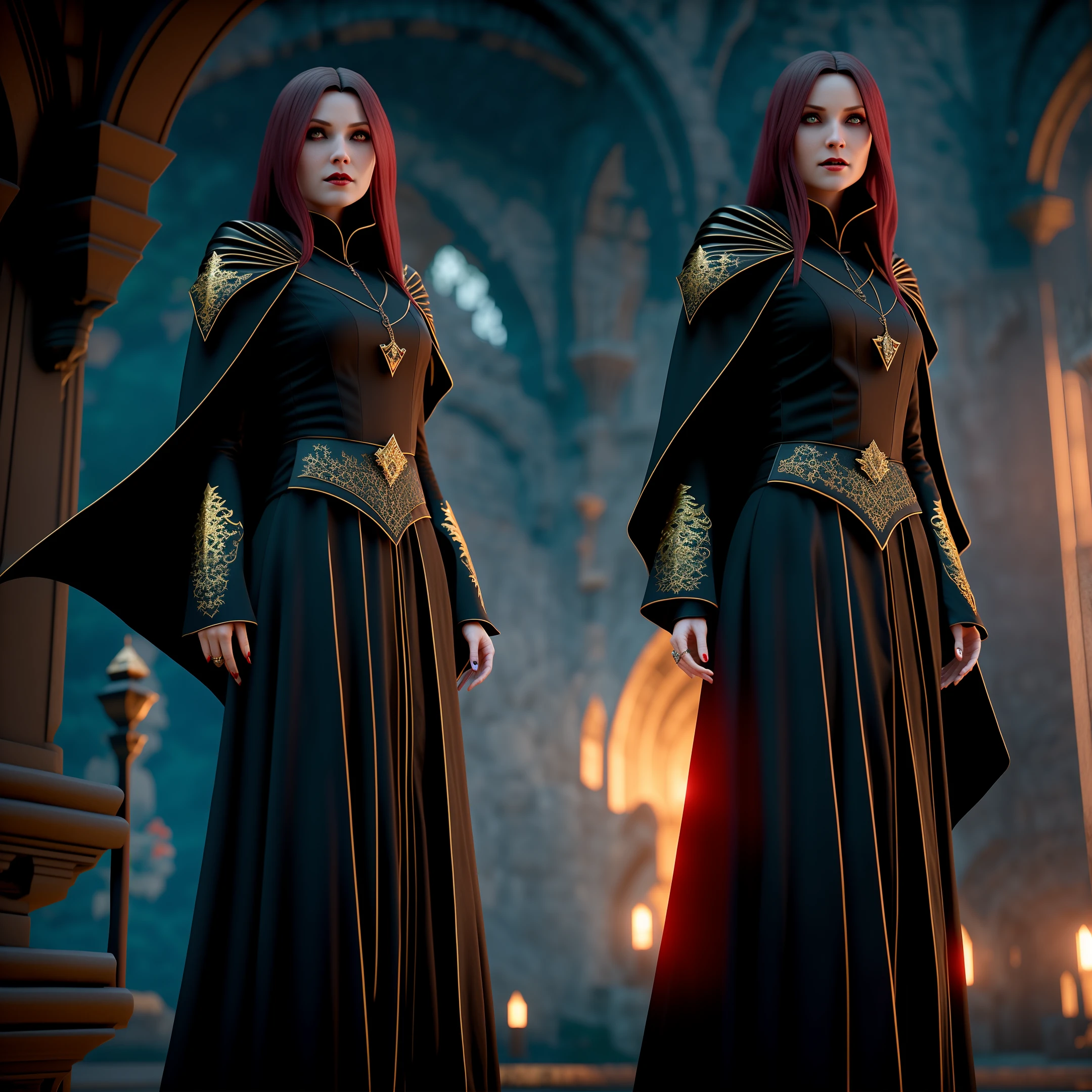 old castle, Beautiful Female Vampire, Glowing Pupils, long crimson hair, black leotardy dress, long black cape, golden bracelet, 8k, Unreal engine, highly detailed, realistic