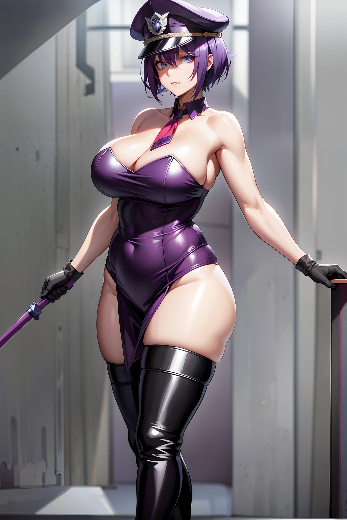 Purple short hair, plump youthful face, black police cap, red tie, purple tight low-cut dress, purple long gloves, black leather boots, strapless thighs, big breasts, blue eyes, anime style, stone prison.