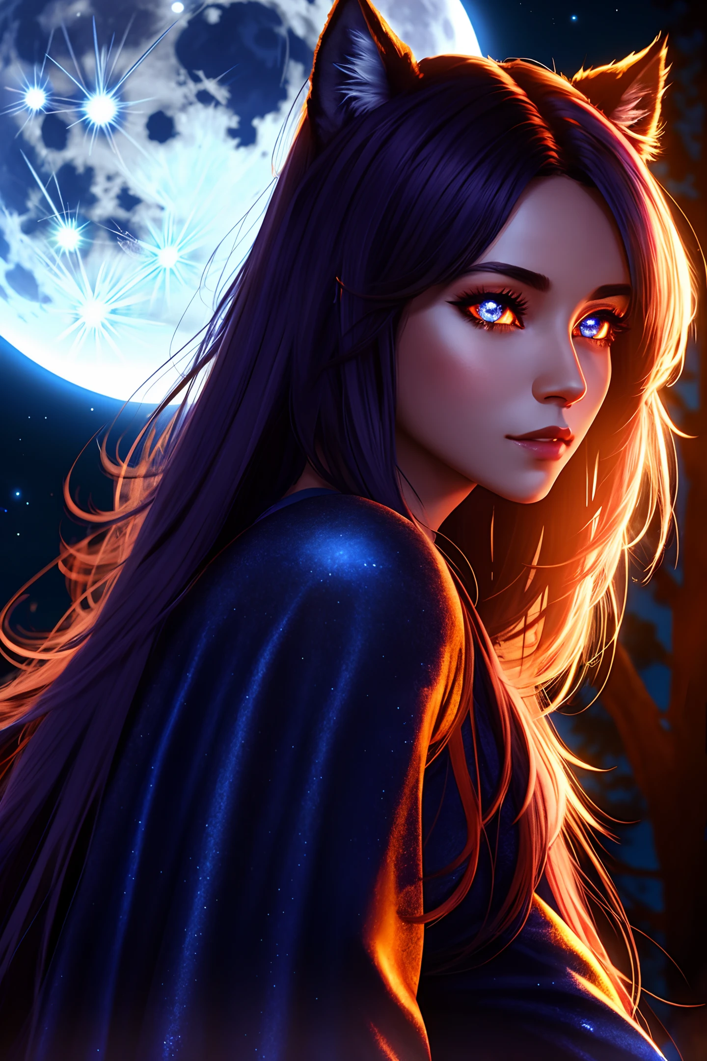 Blue Moon, Night Sky, Beautiful Female Werewolf, Mid-Length Hair, glowing orange eyes, realisitic, highly detailed, Unreal Engine, 8k