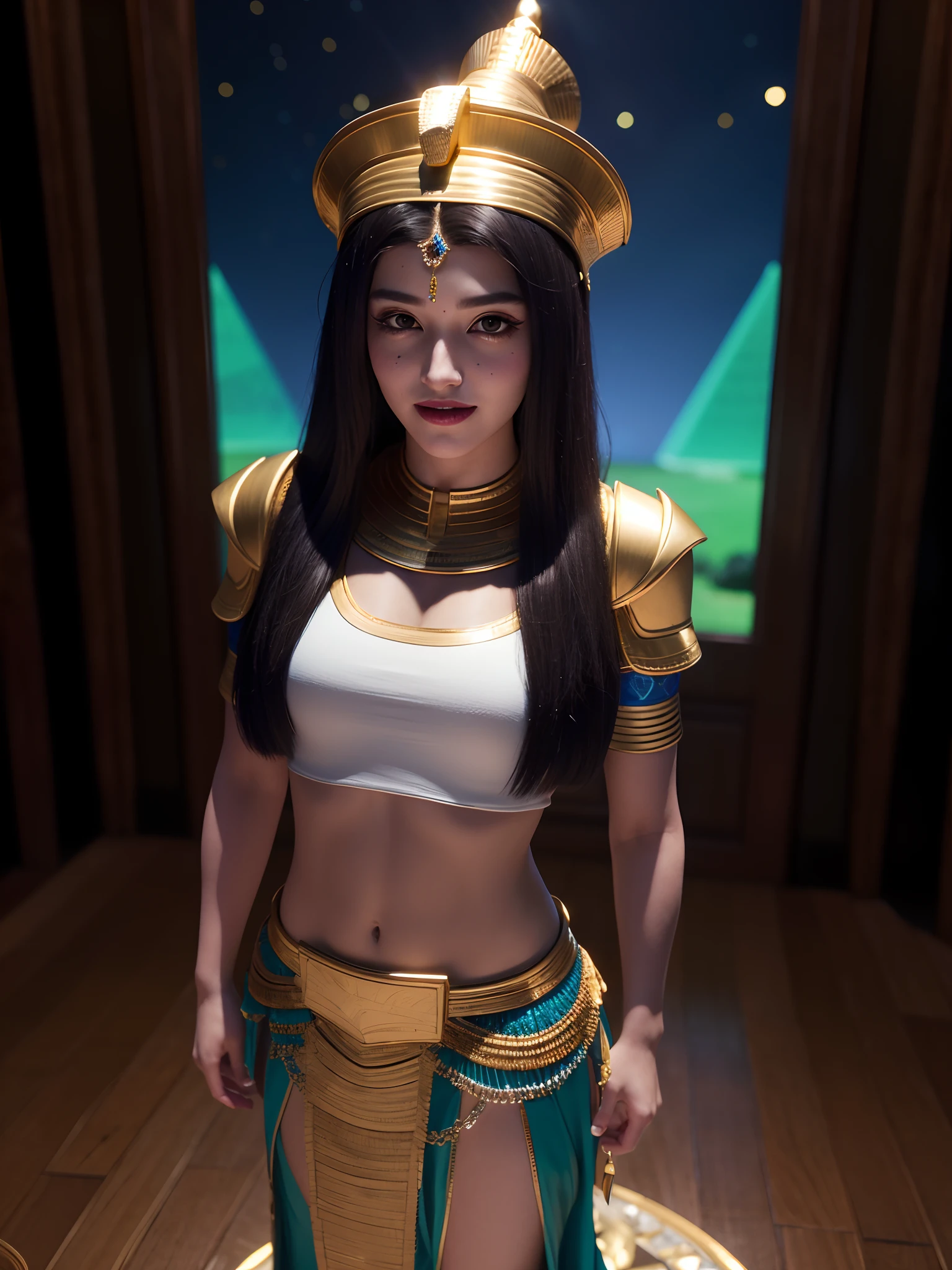 Full body shot, full body shot, Cleopatra wears an elaborate Egyptian royal kilt in a colorful and sophisticated gown. She stood in front of the pyramid and acted like a baby. Front-facing 8K ultra-detailed 3D depth-of-field with Ancient Egypt theme. Background Fine Texture OC Render Ultra HD Fine Texture Front Body 3D Render 8K Ancient Egypt Theme Front 8K Ultra Fine 3D Depth of Field Background Fine Texture OC Render Ultra HD Fine Texture Front Body 3D Render 8K Fine Skin Oily Body Fine Skin Extreme Skin Detail Female White and Tender Skin,(8k),(extreme),(masterpiece:1.2),(fidelity:2), super detailed, 1 female, cute, smiling, beautiful, detailed eyes, full body, beautiful detailed nose, full body, movie Texture, ((movie version lighting)), fine hair, (charm pose), long hair, realistic, single, super high resolution, beautiful teeth, small mouth, whole body, smile, gentle smile, standing, 1girl, beautiful, masterpiece , very detailed face, perfect lighting, professional lighting, HDR, lipstick, super detailed,