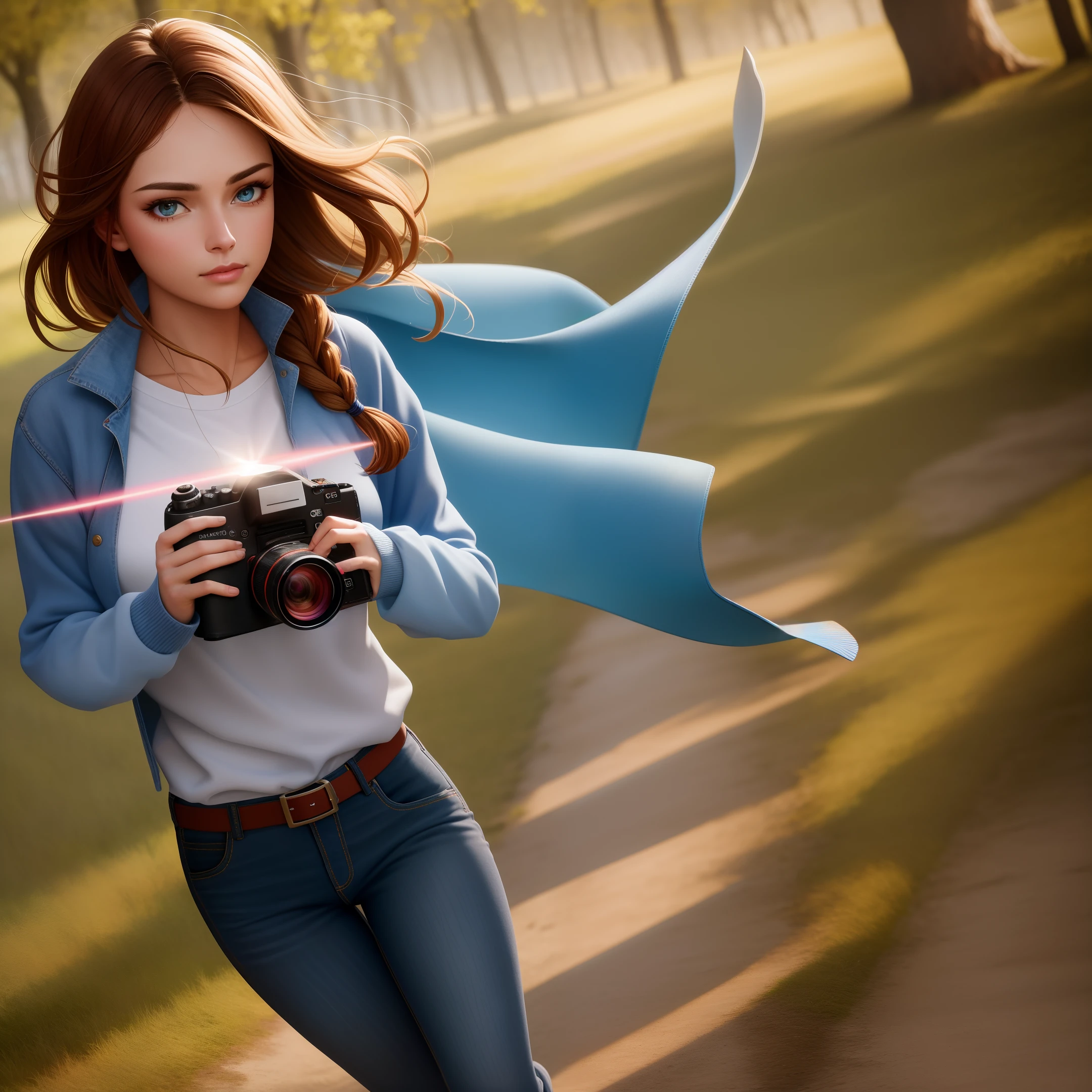 (dramatic illumination, dynamic angle, intense color contrast), [young woman with brown hair in a braid pulled to her left side, tan skin and brown eyes: 1.2), (carrying camera: 1.2), (wearing blue jeans,white long-sleeved shirt and red t-shirt 1:1) (clothes marked with multicoloured flecks of paint: 1.1),  (in an empty field: 1.1)], (bright light, hopeful atmosphere)