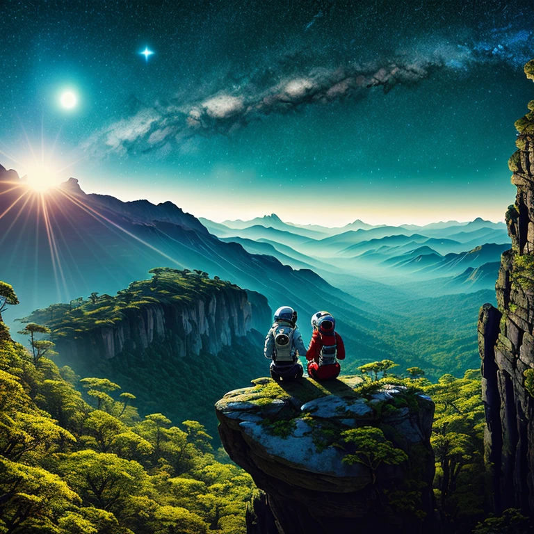 woman, topless, astronaut, jungle, spaceship, Highly detailed RAW color Photo, Rear Angle, Full Body, of (male astronaut, wearing white and red space suit, futuristic helmet, tined face shield, rebreather, accentuated booty), outdoors, (leaning over rocky Edge, looking out at advanced alien structure), (on complex exotic alien planet:0.6), toned body, (sci-fi), (mountains:1.1), (lush green vegetation), (two moons in sky:0.8), (highly detailed, hyperdetailed, intricate), (lens flare:0.7), (bloom:0.7), particle effects, raytracing, cinematic lighting, shallow depth of field, photographed on a Sony a9 II, 24mm wide angle lens, sharp focus, cinematic film still from Gravity 2013, viewed from behind, starry night sky
