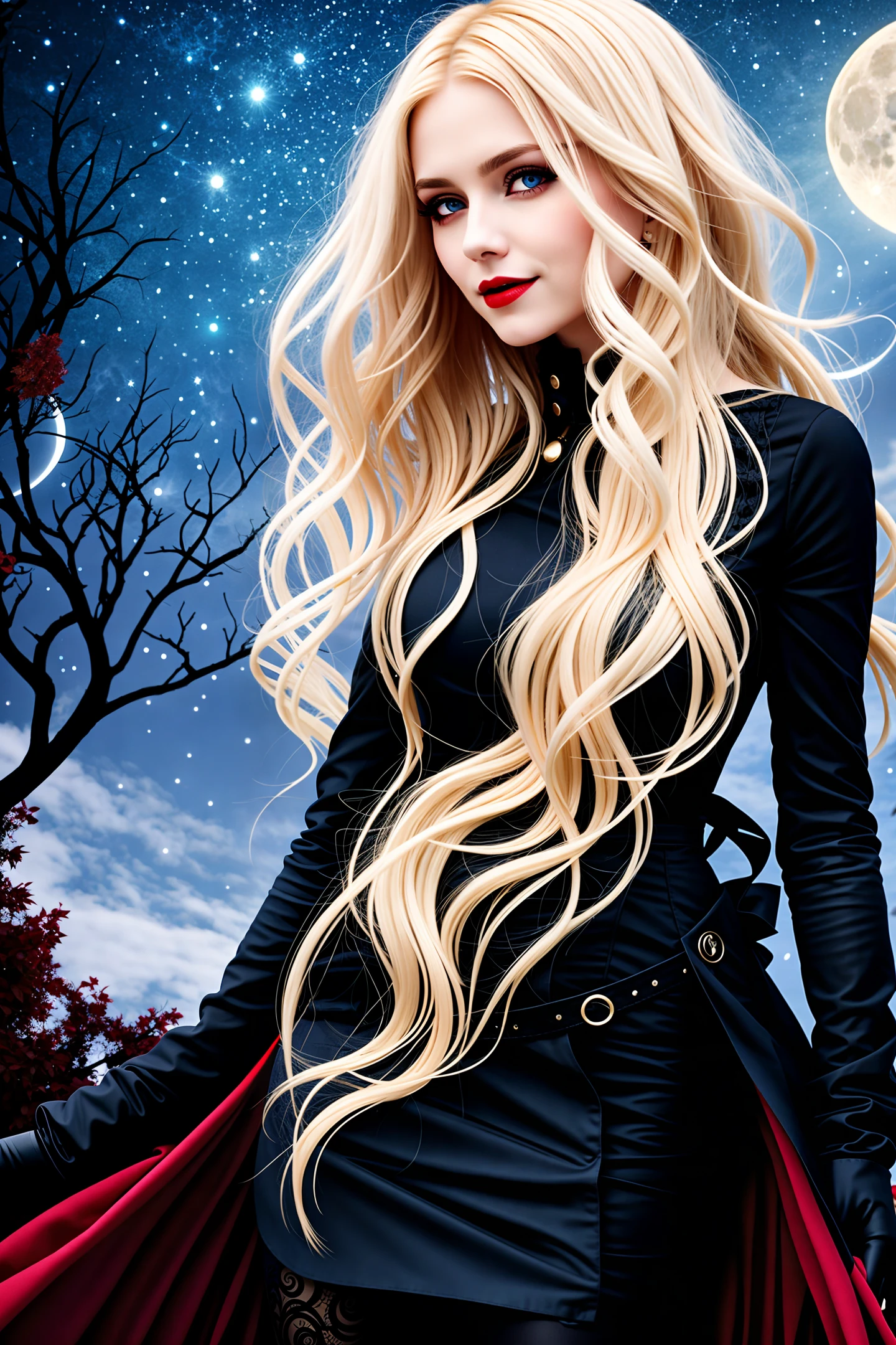 [adult woman, blonde, long hair, wavy hair, red eyes, vampire teeth, dark clothes] + [cemitery background, moon] + [high details]