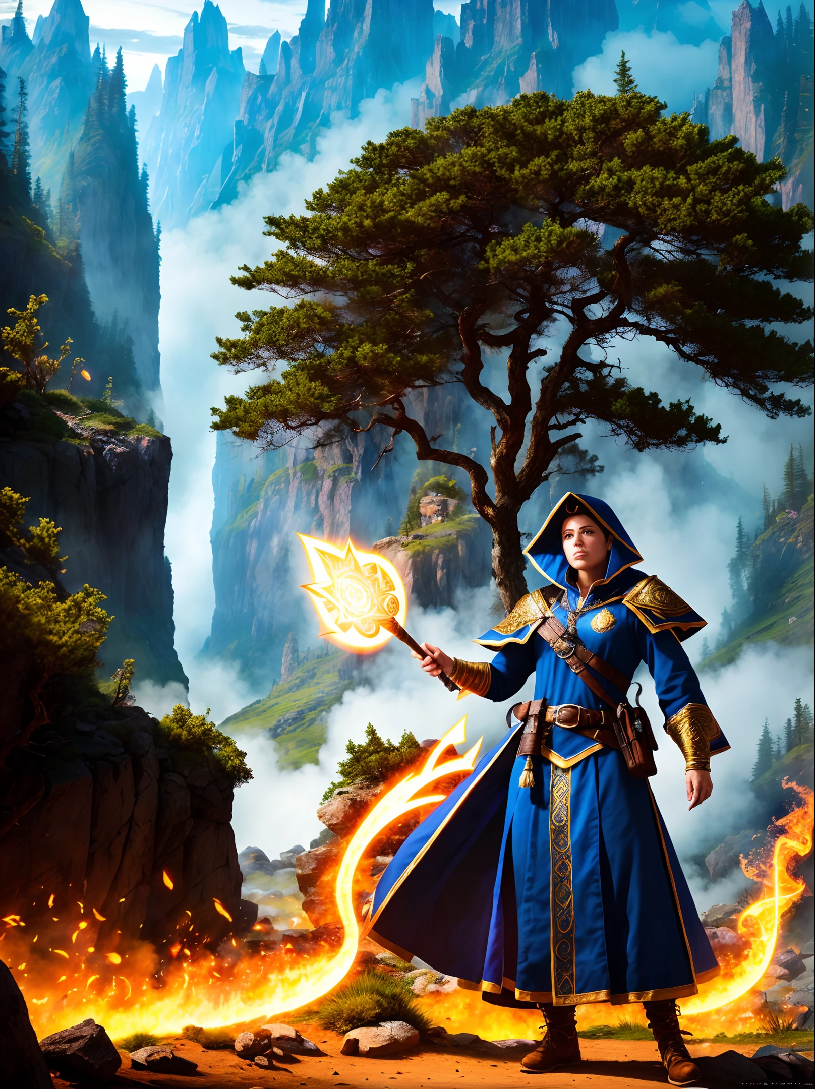 "An unparalleled 8k wallpaper of a mage in a natural environment, boasting intricate details, high detail rendering, and an awe-inspiring dramatic medium shot."