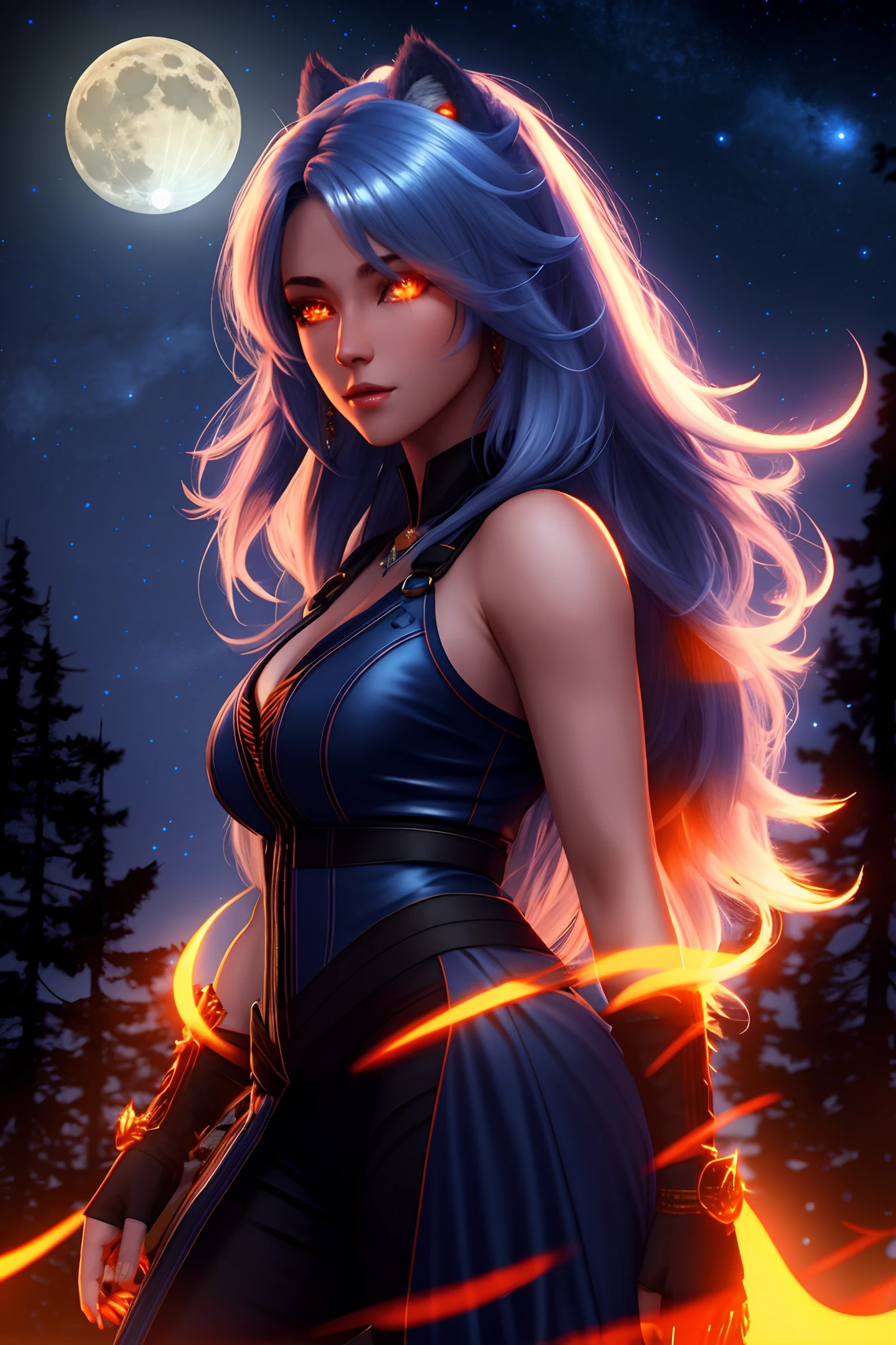 Blue Moon, Night Sky, Beautiful Female Werewolf, Mid-Length Hair, glowing orange eyes, realisitic, highly detailed, Unreal Engine, 8k