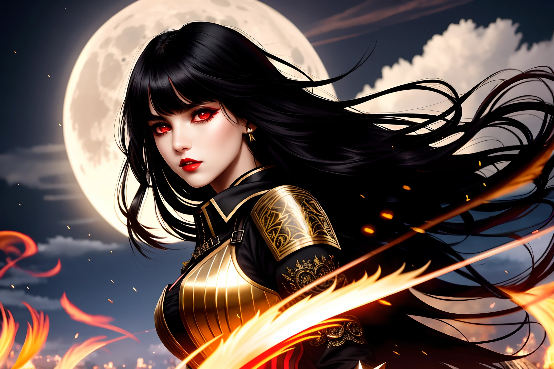 high-quality digital art, wavy long hair, black hair, bangs, straight bangs, windblown hair, glowing red eyes, red eyes, red lips, picture-perfect face, flawless, clean, masterpiece, (((sharp))) ((focus)) (instagram) (8k) masterpiece, beautiful outfit, corset belt, black pants, delicate tracing, gold accents, digital painting, night, dark sky, aurora, highly detailed light, cinematic light, battle ready-stance, high-quality, a digital painting masterpiece, best quality, absurdly high resolution, flames, ruins, swirling magic, detailed background, castle, gothic vibe, moon in the sky, shiny reflection, intricate details, glow, shiny hair, long black hair, lustrous skin, smooth, vampire aesthetic