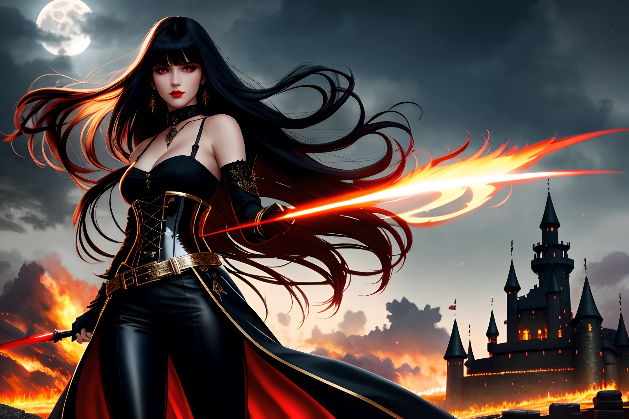high-quality digital art, wavy long hair, black hair, bangs, straight bangs, windblown hair, glowing red eyes, red eyes, red lips,  picture-perfect face, flawless, clean, masterpiece, (((sharp))) ((focus)) (instagram) (8k) masterpiece, beautiful outfit, corset belt, black pants, delicate tracing, gold accents, digital painting, night, dark sky, aurora, highly detailed light, cinematic light, battle ready-stance, high-quality, a digital painting masterpiece, best quality, absurdly high resolution, flames, ruins, swirling magic, detailed background, castle,  gothic vibe, moon in the sky, shiny reflection, intricate details, glow, shiny hair, long black hair,  lustrous skin, smooth, vampire aesthetic 