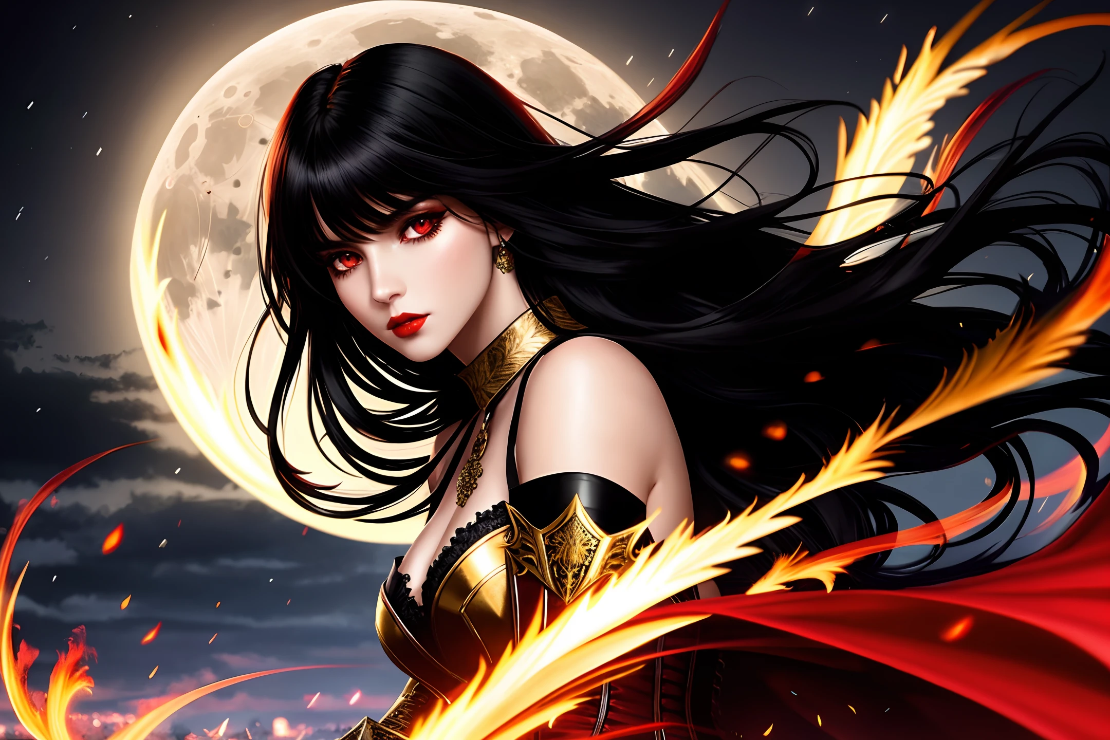 high-quality digital art, wavy long hair, black hair, bangs, straight bangs, windblown hair, glowing red eyes, red eyes, red lips, picture-perfect face, flawless, clean, masterpiece, (((sharp))) ((focus)) (instagram) (8k) masterpiece, beautiful outfit, corset belt, black pants, delicate tracing, gold accents, digital painting, night, dark sky, aurora, highly detailed light, cinematic light, battle ready-stance, high-quality, a digital painting masterpiece, best quality, absurdly high resolution, flames, ruins, swirling magic, detailed background, gothic vibe, moon in the sky, shiny reflection, intricate details, glow, shiny hair, long black hair, lustrous skin, smooth, vampire aesthetic