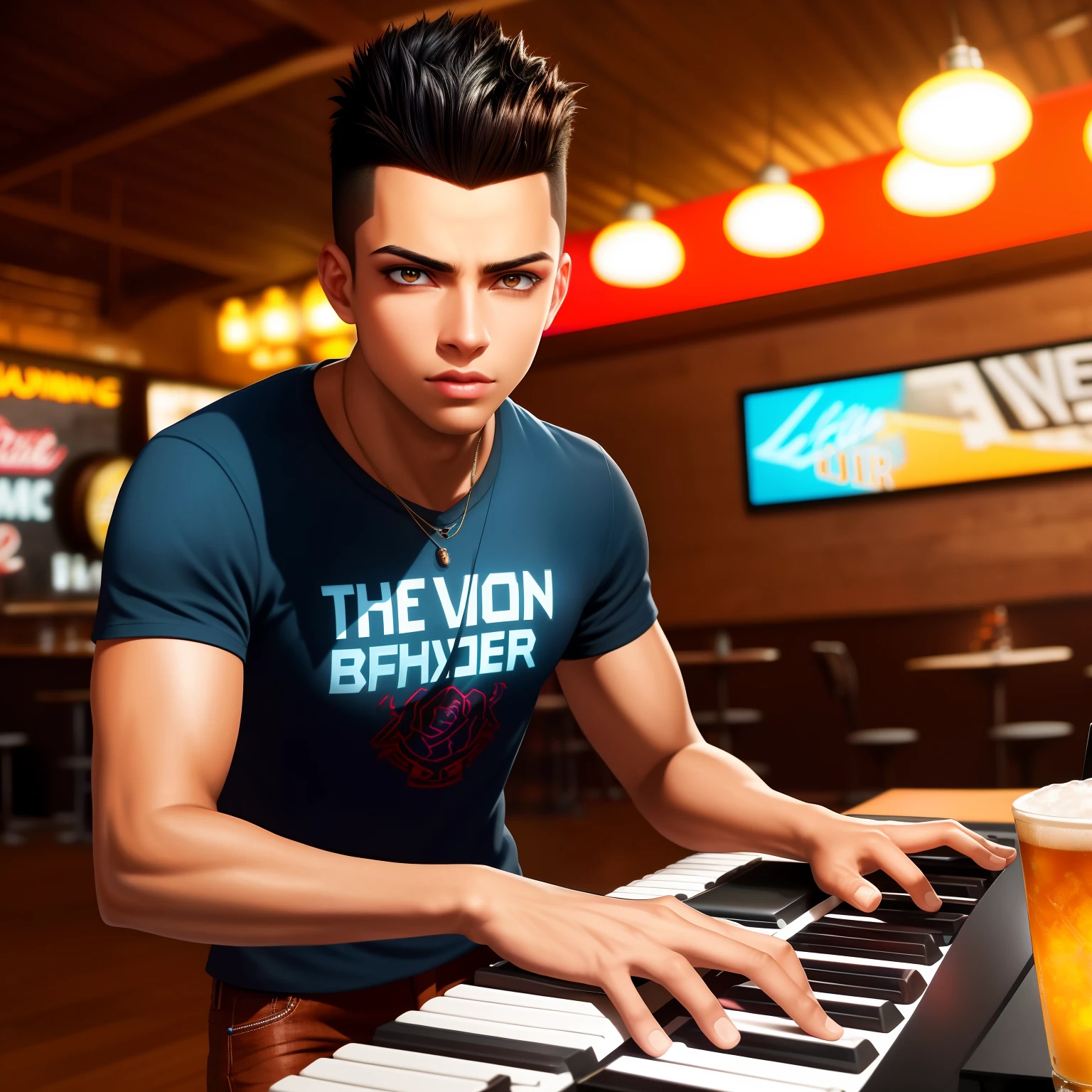 (dramatic illumination, dynamic angle, intense color contrast), [( boy with black fauxhawk, brown skin and brown eyes: 1.2), (playing keyboard: 1.2), (wearing black jeans, blue T-shirt with atom graphic: 1.1),  (pub/old-fashioned bar/country bar: 1.1)], (bright spotlight, lively music)