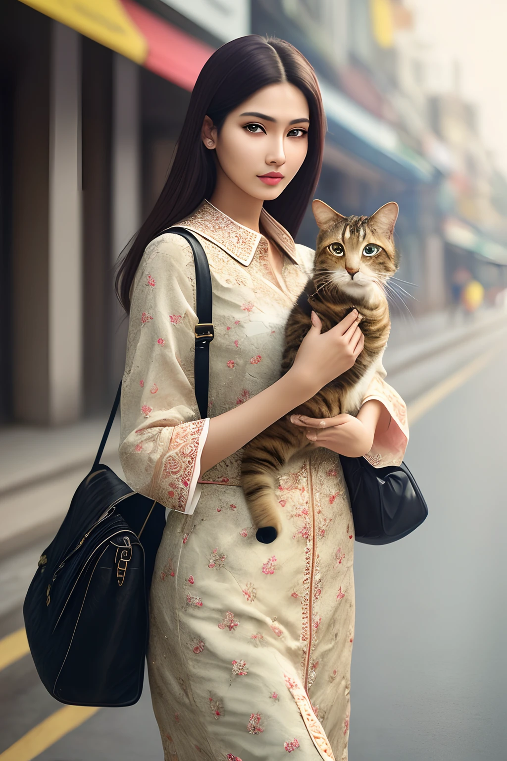 (masterpiece:1.2, best quality), realistic, (real picture, intricate details, depth of field), parted lips, highly-detailed, perfect face, perfect body, oversize model, mature woman, tall, long legs, Bangladeshi, crossing the road, with a lovely cat in her hand
