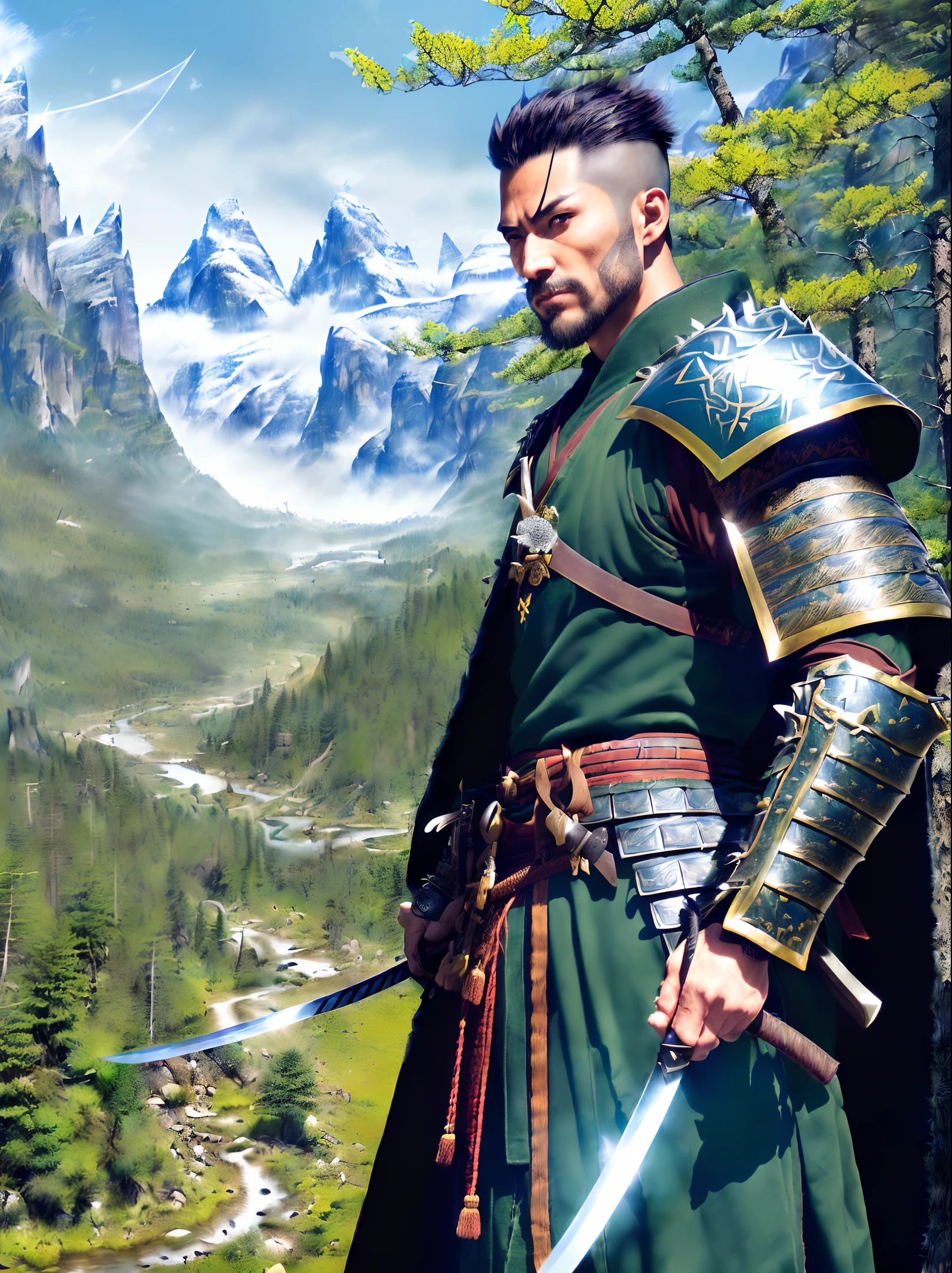 ((unique character design+realistic rendering+highly detailed)),(medium shot),(1male),((nature+forest)|(mountain+valley)),((fighter+warrior)|(swordsman+samurai)),((armor+cape)|(robe+katana)),((dramatic+heroic)|(epic+battle)),((8K wallpaper+desktop background)|(digital art+illustration)),unparalleled.