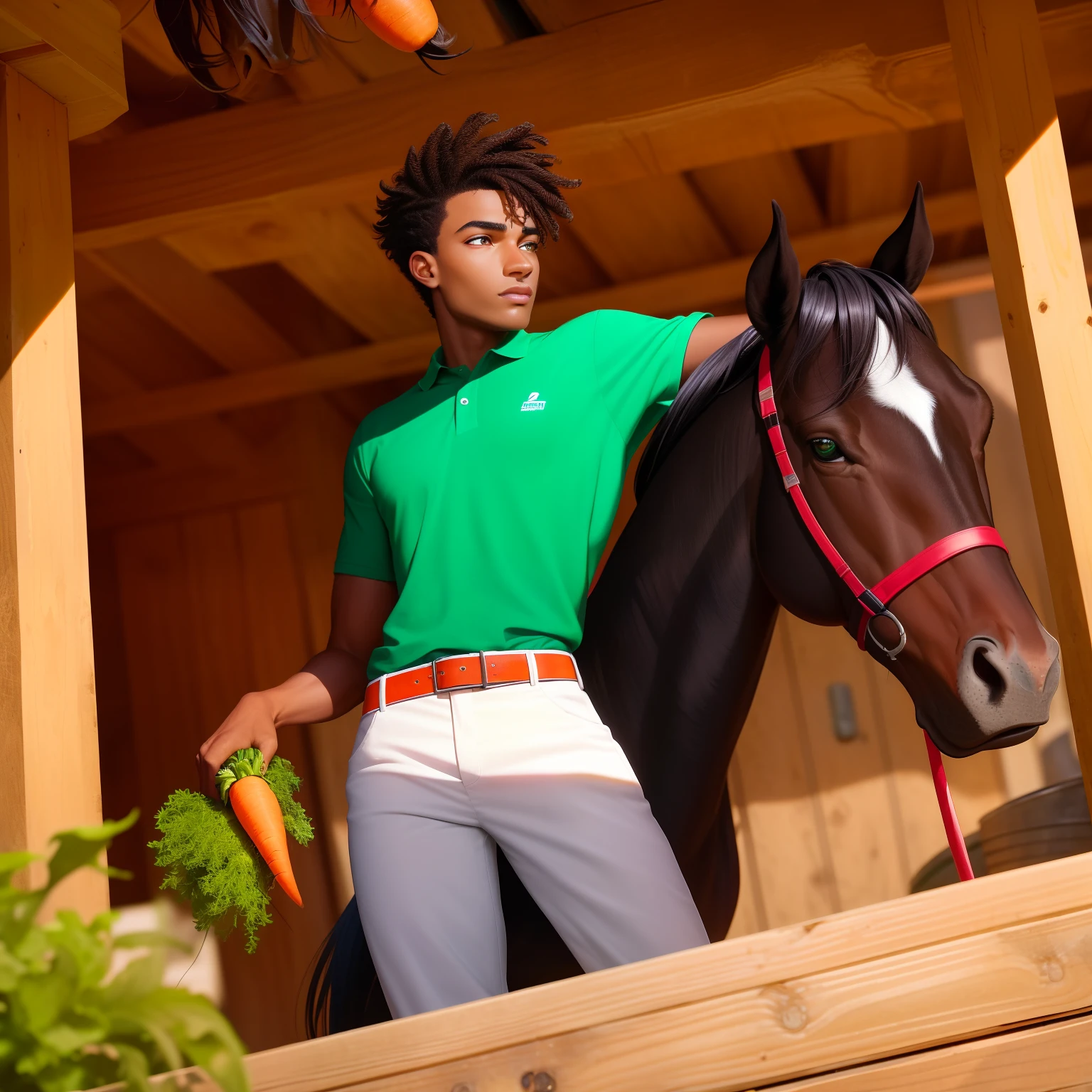 (dramatic illumination, dynamic angle, intense color contrast), [(black teen boy with black hair, dark skin and brown eyes: 1.2), (feeding a carrot to horse: 1.2), (wearing green polo shirt and white pants: 1.1), (in horse stable: 1.1)], 